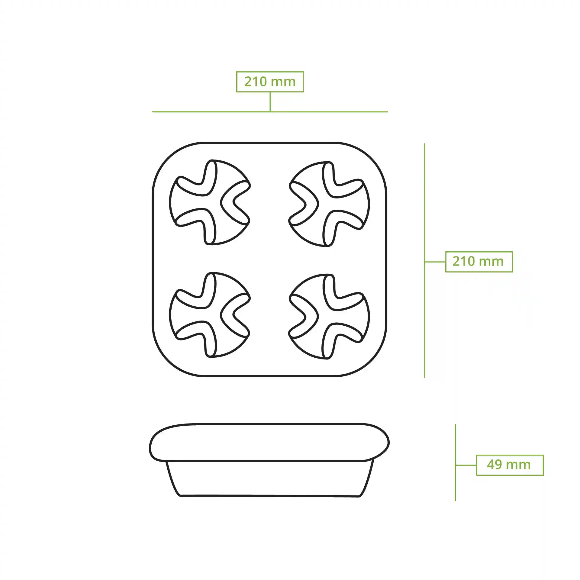 Schematic drawing of a quadruple cardboard cup holder with dimensions 210 mm by 210 mm and height of 49 mm.