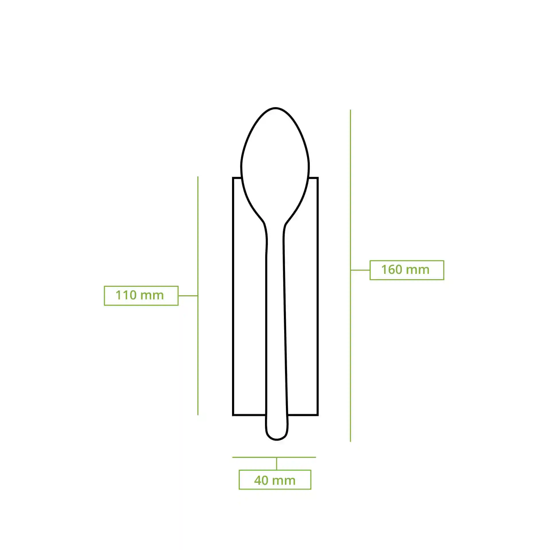 Schematische Zeichnung eines Löffels mit Maßlinien, die 110 mm Höhe, 160 mm Länge und 40 mm Breite anzeigen.