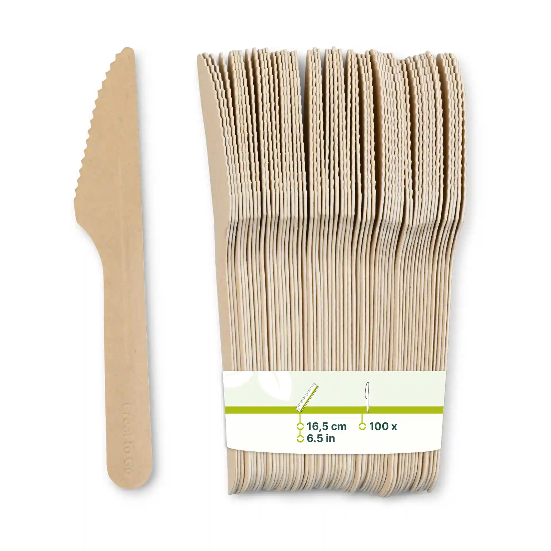 Brown paper knives, 16.5 cm long, stacked with a label showing dimensions and quantity of 100.