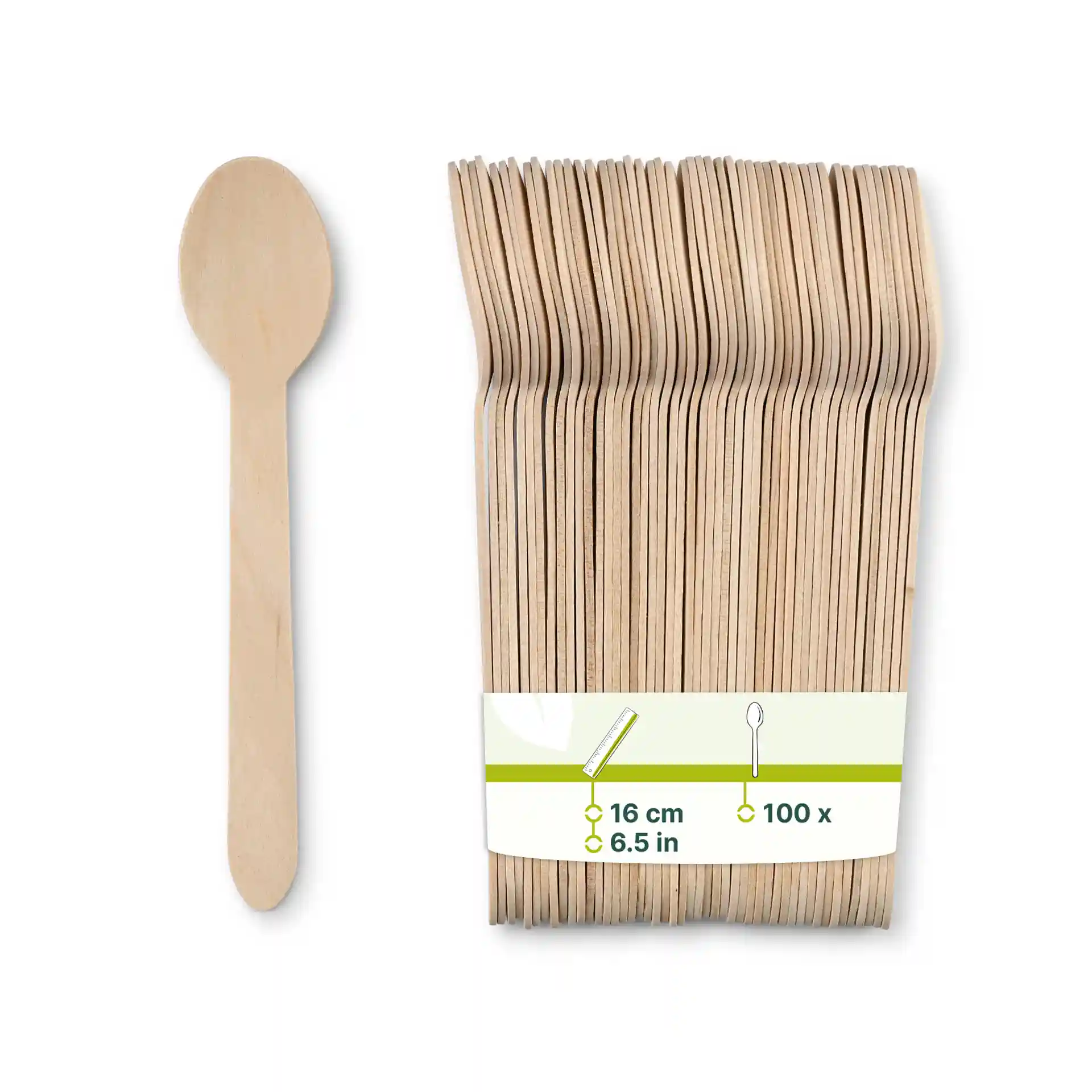 Wooden spoons in a pack of 100, each measuring 16 cm, displayed with a label showing dimensions and quantity.