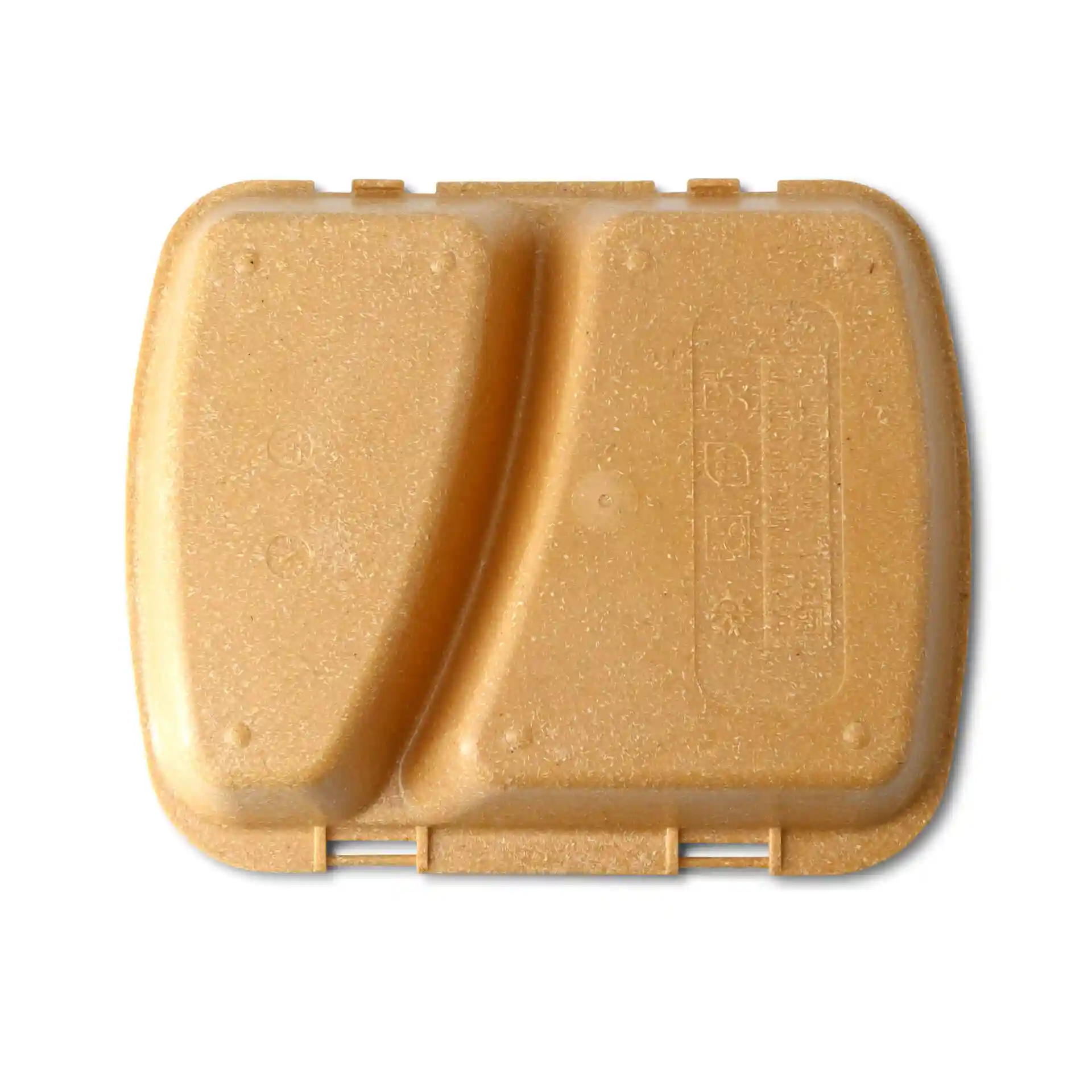 Brown reusable meal container with two compartments, measuring 24.5 x 20 x 4.5 cm, made from bio compound material.