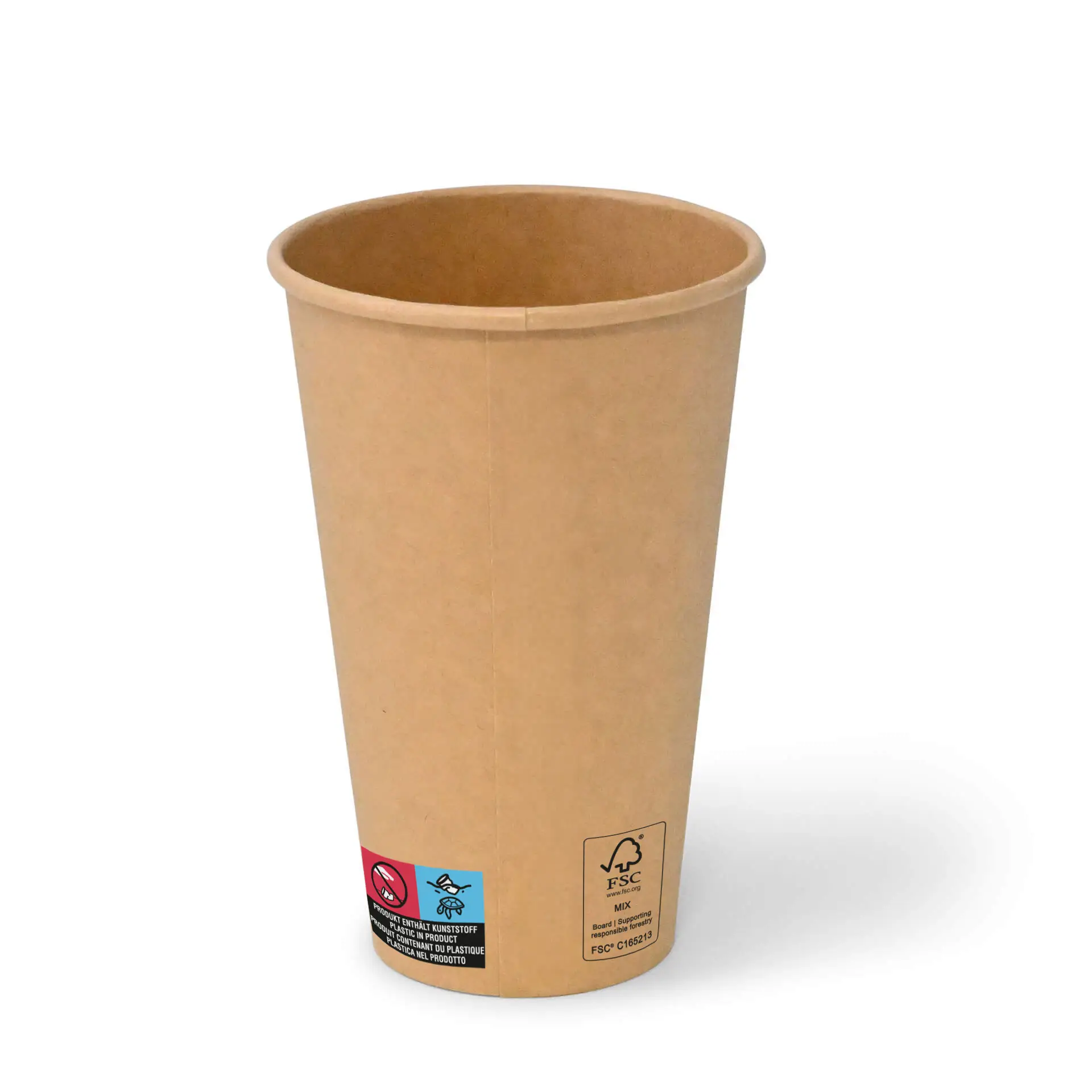 Brown 16 oz paper cup with a classic design; PE-coated for beverage use, featuring a label with markings.