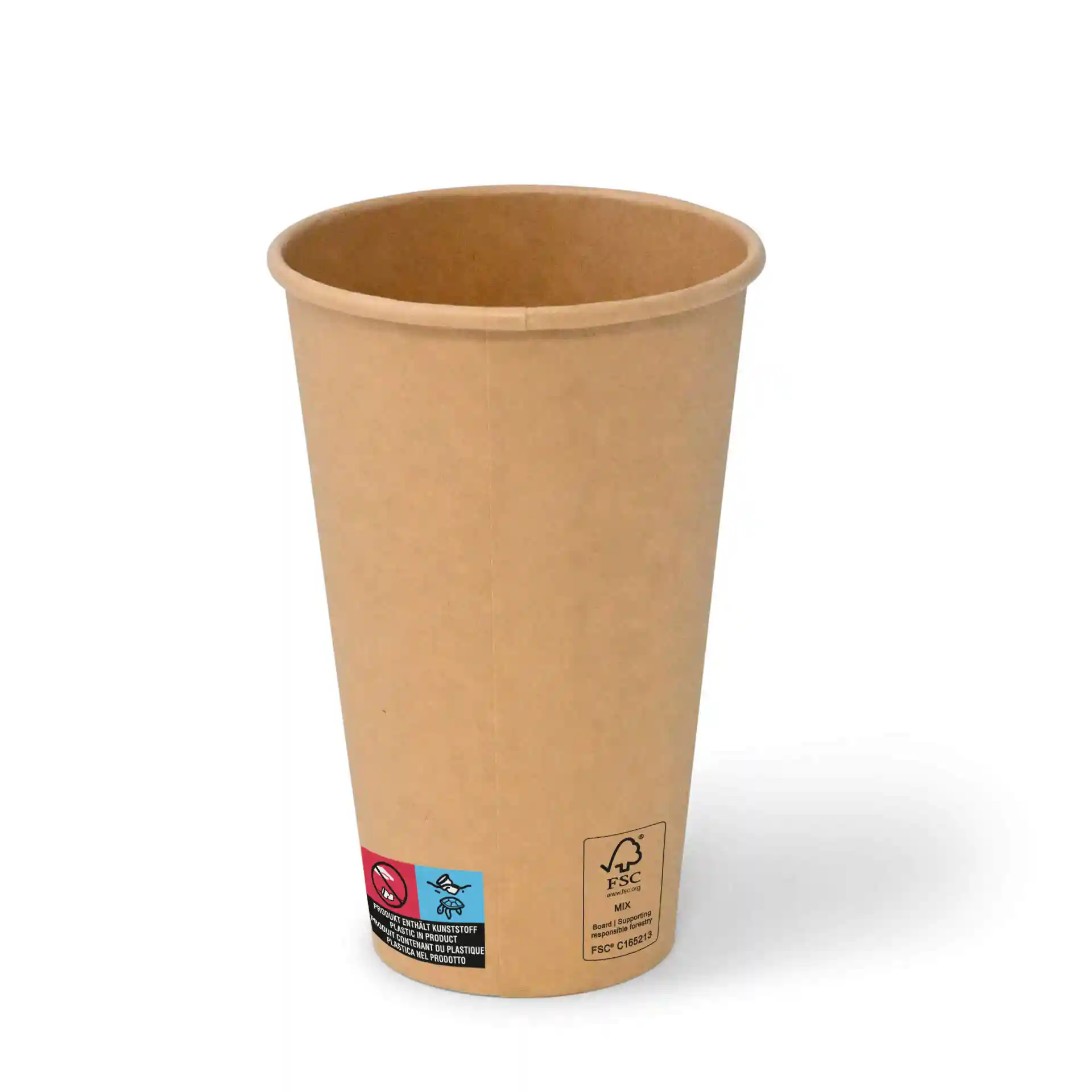 Brauner 16 oz Pappbecher mit runder Form, beschichtet und mit sichtbaren Etiketten an der Seite.