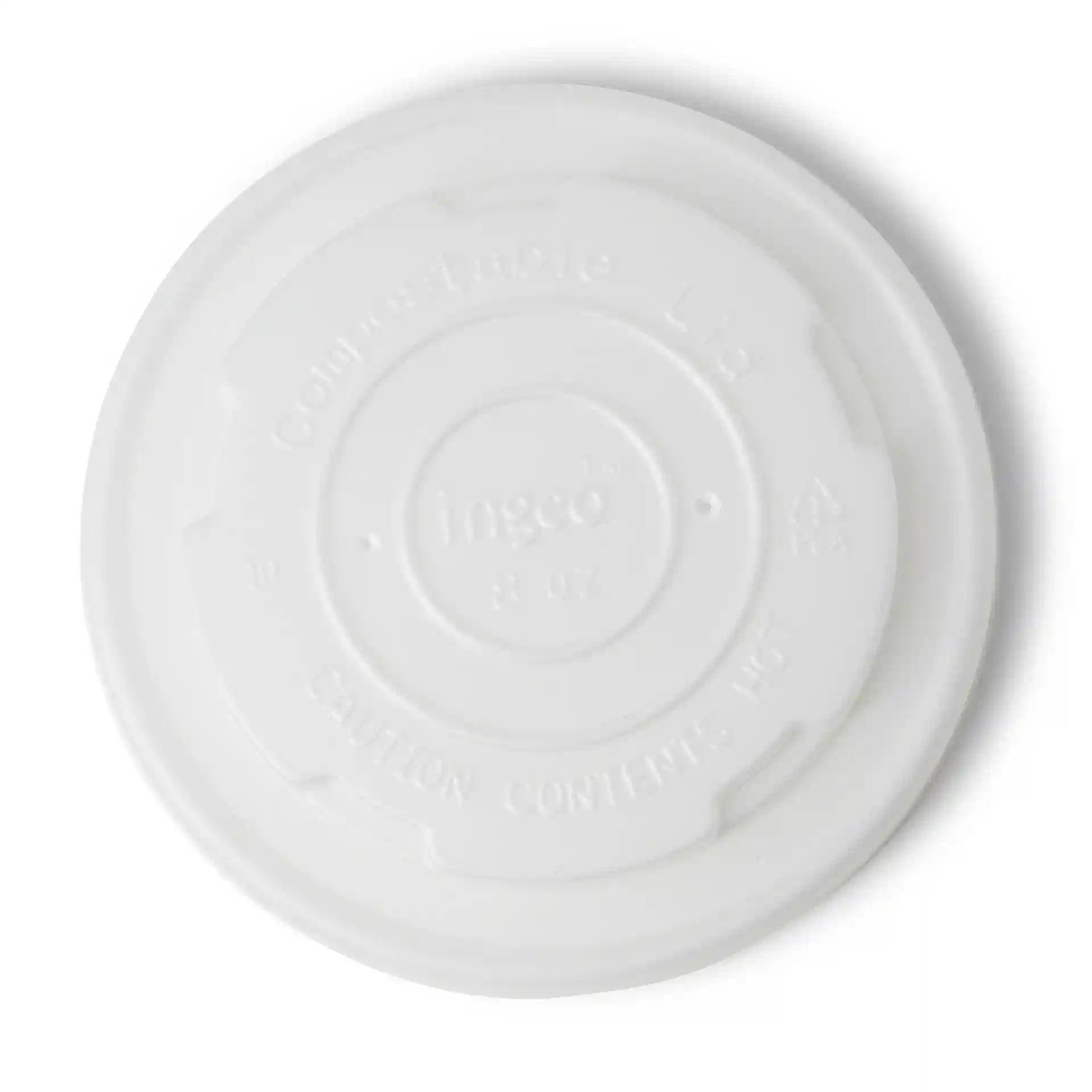 Weißer CPLA-Flachdeckel mit runder Form, geeignet für universelle Becher, Durchmesser 90 mm.