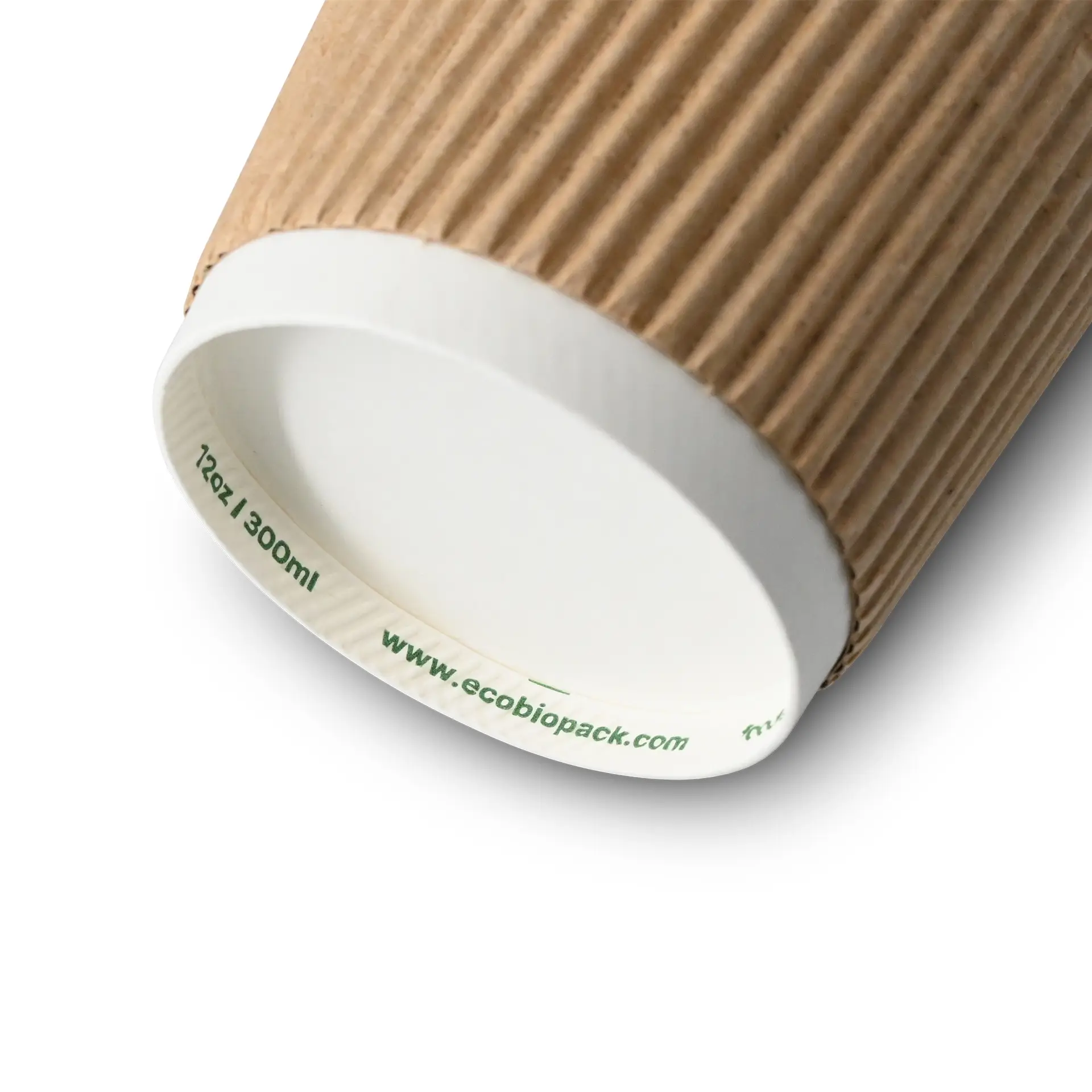 Eine 12 oz braune Papierkaffeetasse mit dreifacher Wand, weißem Innenraum, gerippter Textur und PLA-Beschichtung.