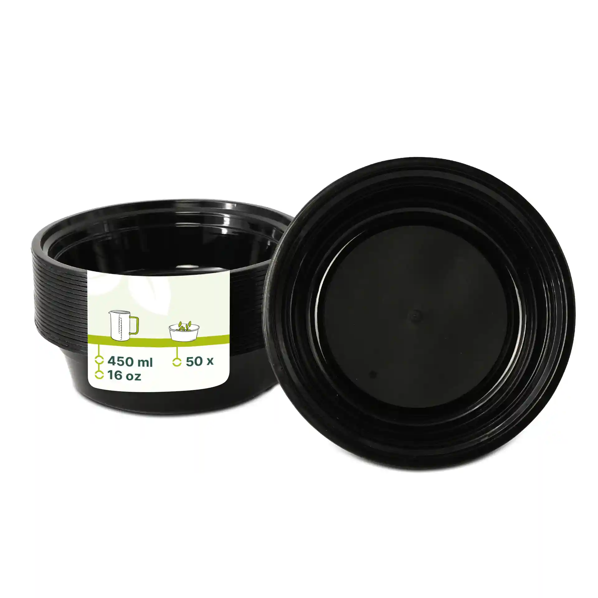 Black round reusable plate with a capacity of 450 ml, showing the top and bottom views.