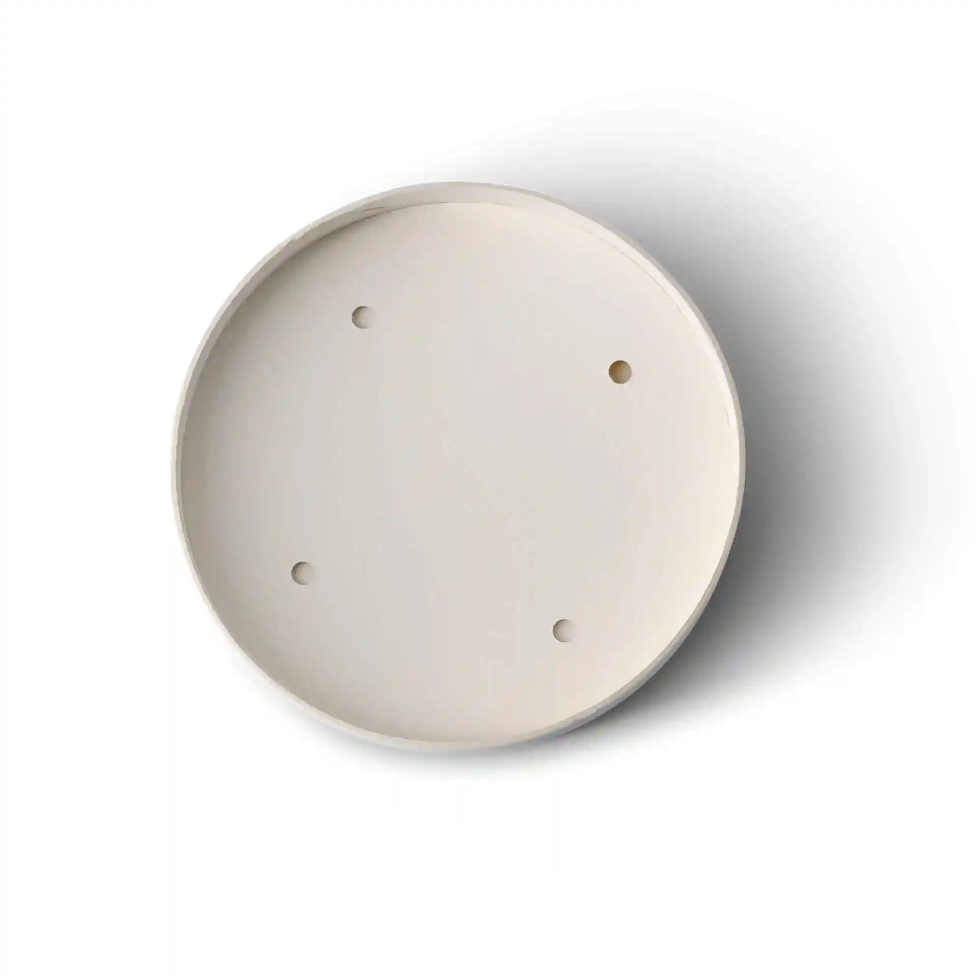 Runder weißer Kartonmembrandeckel mit vier Löchern, Durchmesser 92 mm und Höhe 16 mm.