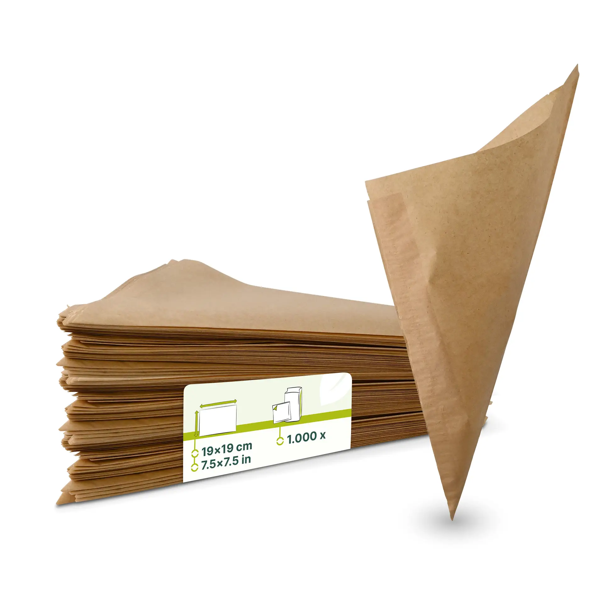 Papiertragcone zum Servieren von Snacks, 19 × 19 cm, braun und fettbeständig; geeignet für heiße und kalte Speisen. Stapel von Tragcontainern mit einem im Fokus.