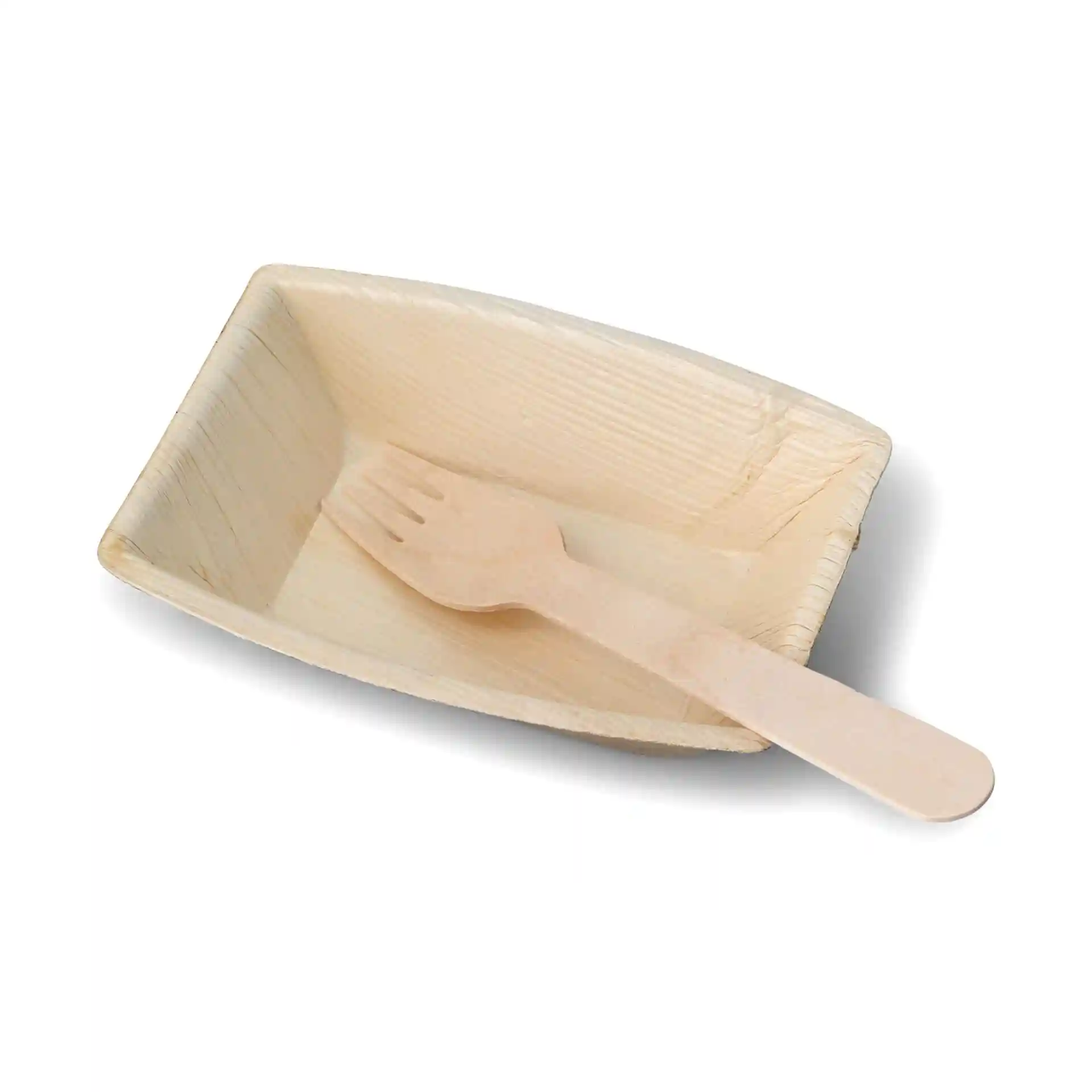 Rectangular palm leaf bowl with a wooden fork, dimensions 130 mm length, 90 mm width, and 35 mm height.
