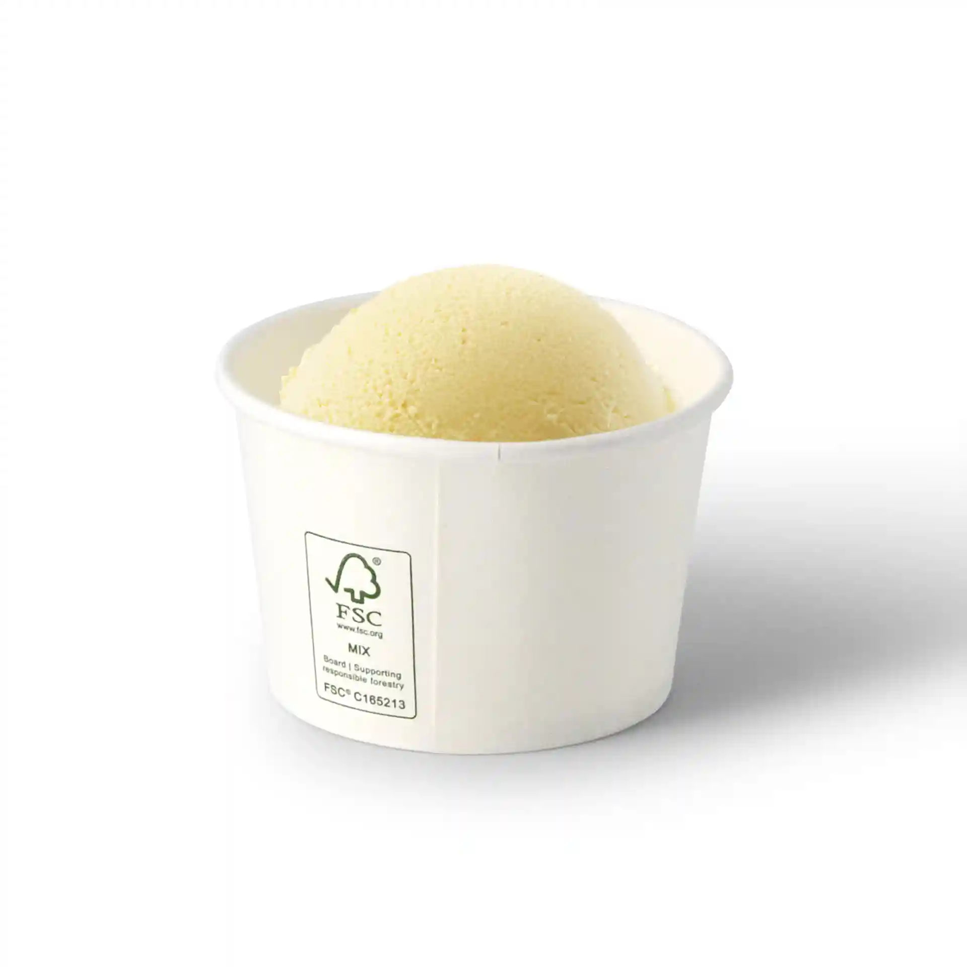 White cardboard cup with a scoop of ice cream, 75 ml capacity, diameter 76 mm, height 50 mm.