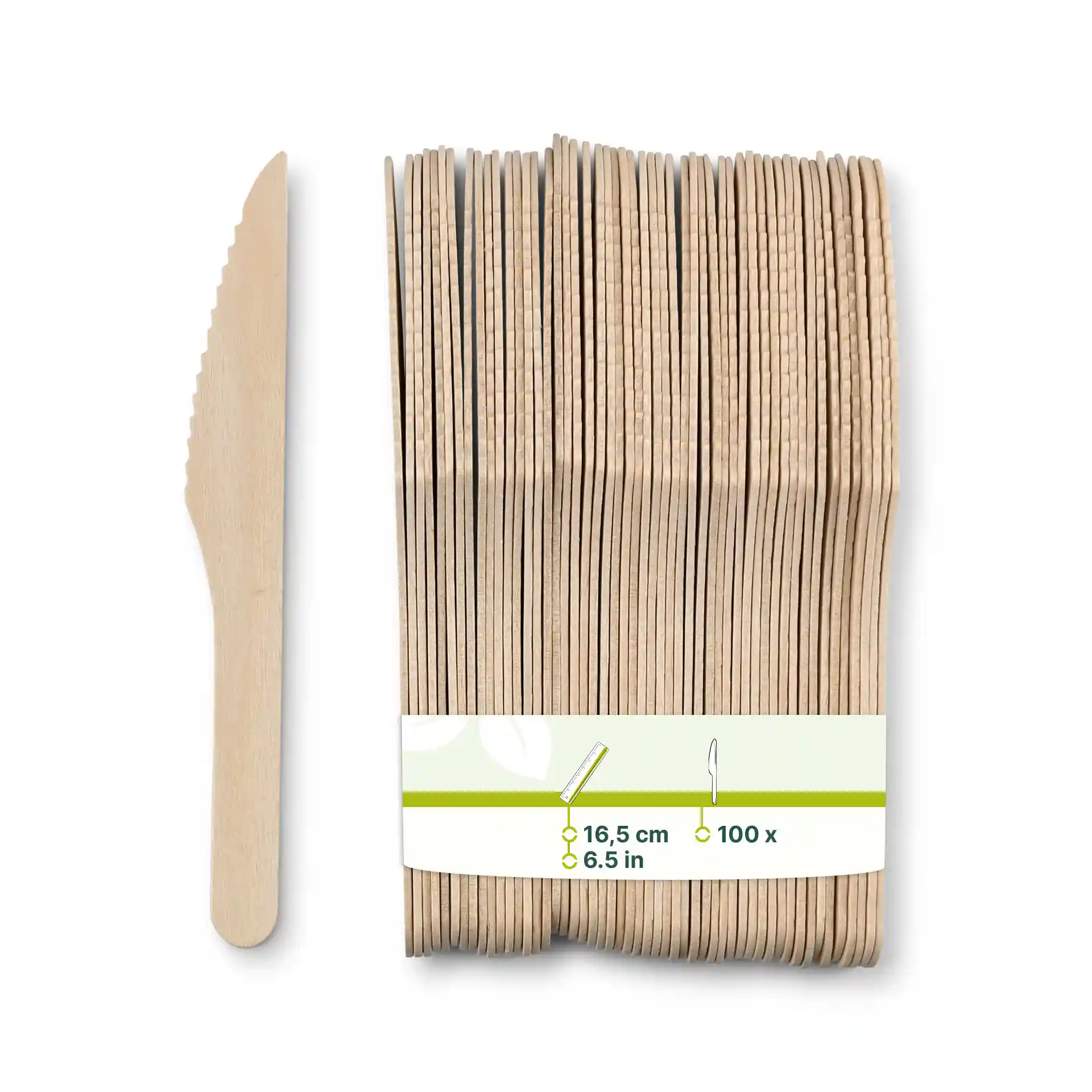 Wooden knives in a stack, each 16.5 cm long, with a serrated edge and a brown wooden finish.