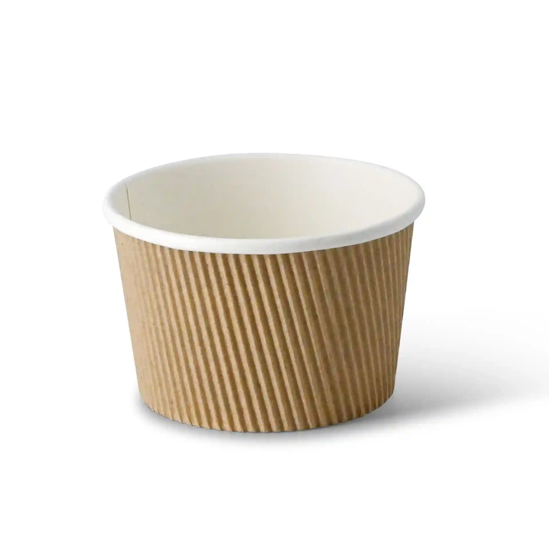 Brown ribbed cardboard soup cup with a white interior, round shape, and eco-friendly coating.