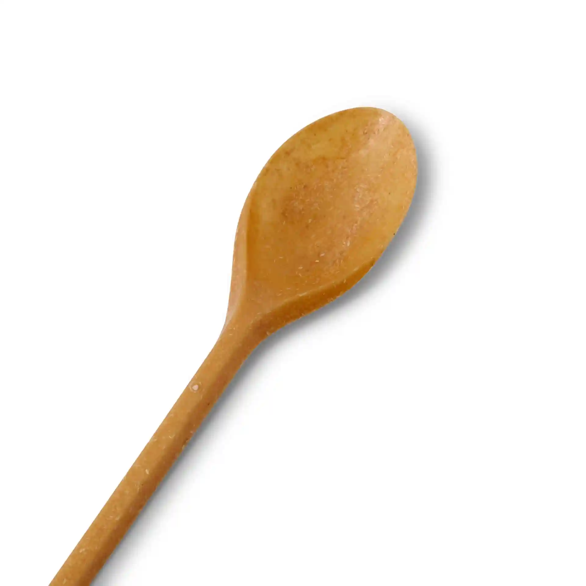 Brown reusable spoon, 18 cm long, made from bio compound material, shown on a plain background.