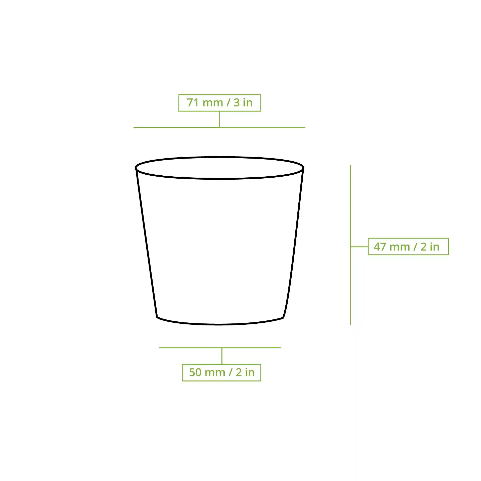 Schematic drawing of a round cup with dimensions: height 47 mm, top diameter 70 mm, bottom diameter 50 mm.