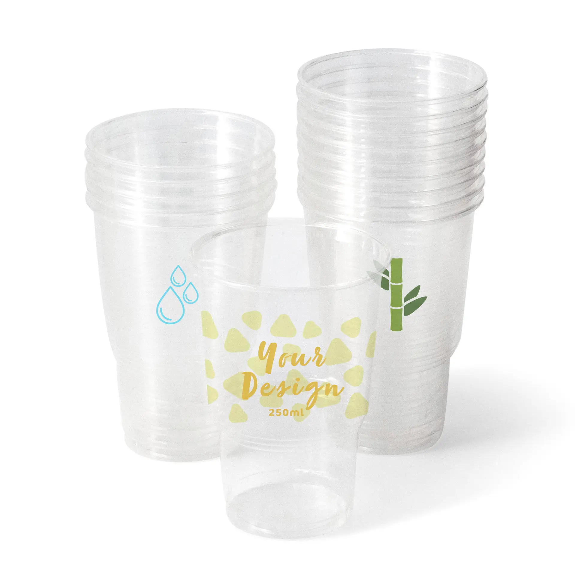 One clear PLA cup with custom yellow design; several similar cups with blue graphics stacked behind.