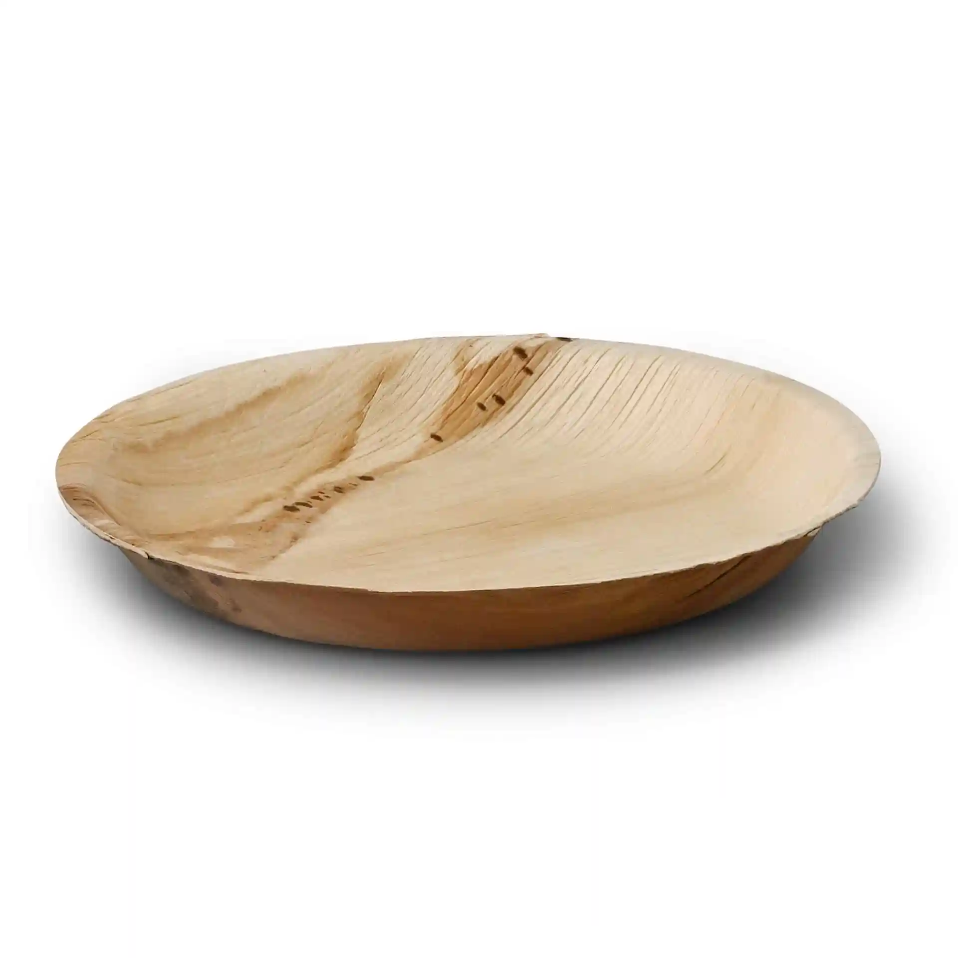 Runde Palmblattplatte mit einem Durchmesser von 25 cm, mit natürlichem Maserungsmuster und flachem Design.