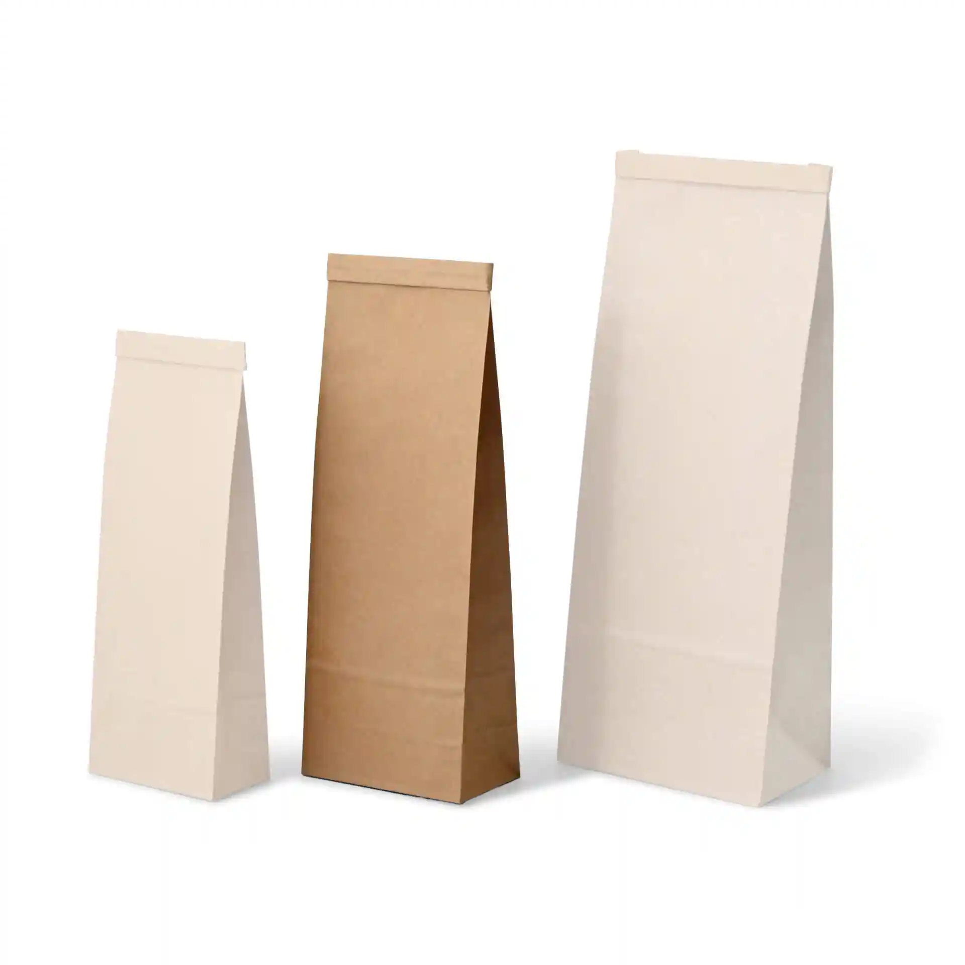 Image of three block bottom bags in varying sizes: two in white and one in brown kraft paper.