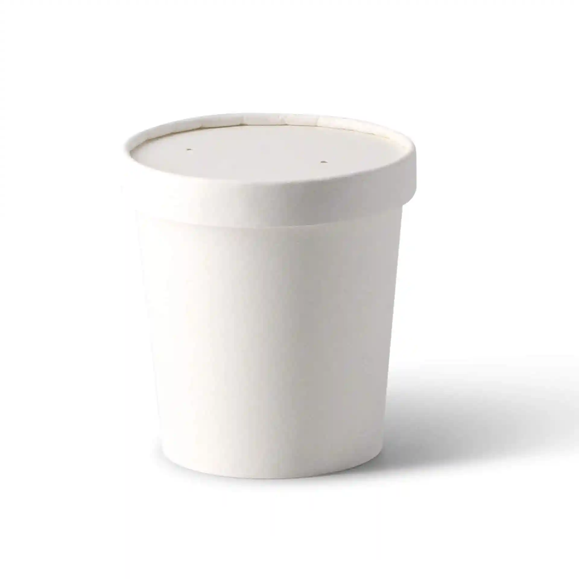 White round paperboard soup container with a lid, 16 oz capacity, 100 mm height, and 95 mm top diameter.