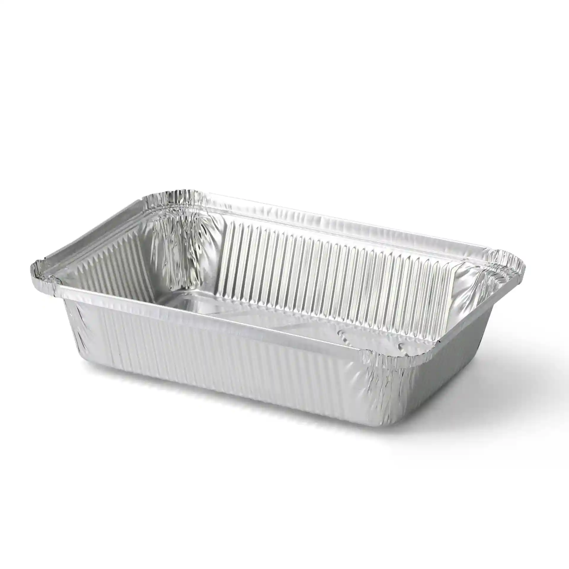 Rectangular aluminum container measuring 21.4 x 14.9 x 4.3 cm with a shiny surface and ribbed sides.
