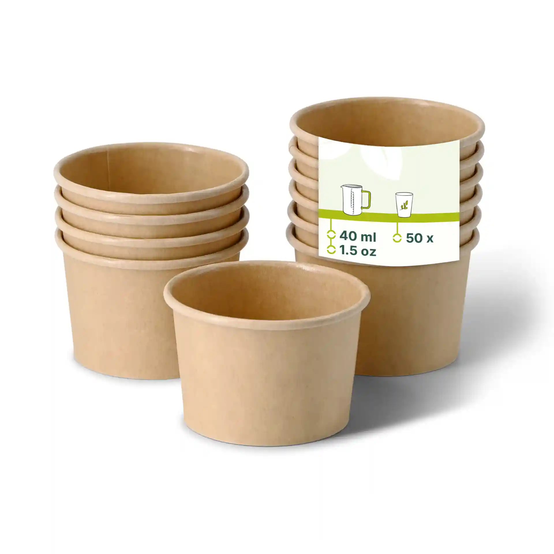 Brown paper portion cups with eco-friendly coating, 40 ml capacity, stacked with one cup in front.