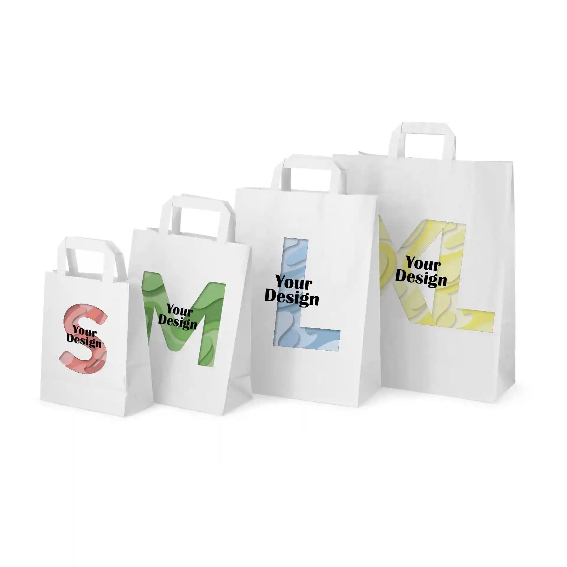 Image of four white paper carrier bags in various sizes labeled S, M, L, and XL with a design area for customization.