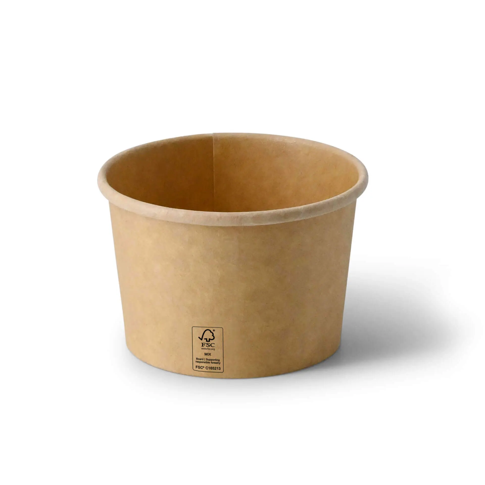 Brown cardboard soup cup, 8 oz, for hot and cold dishes; PE-coated. Suitable for soups, stews, salads, and sauces.