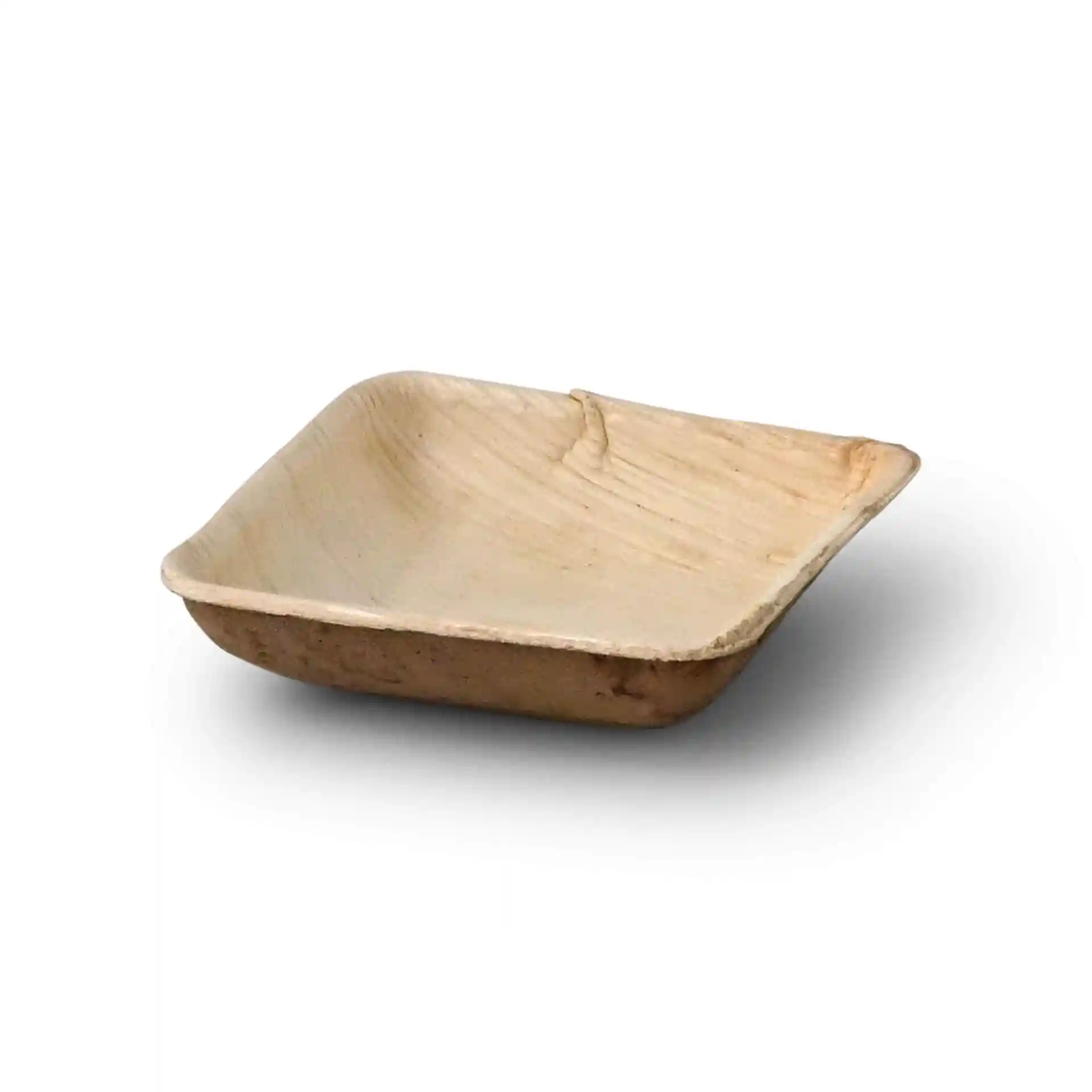 Square palm leaf bowl with a grain texture, measuring 80 mm in length and 83 mm in width.