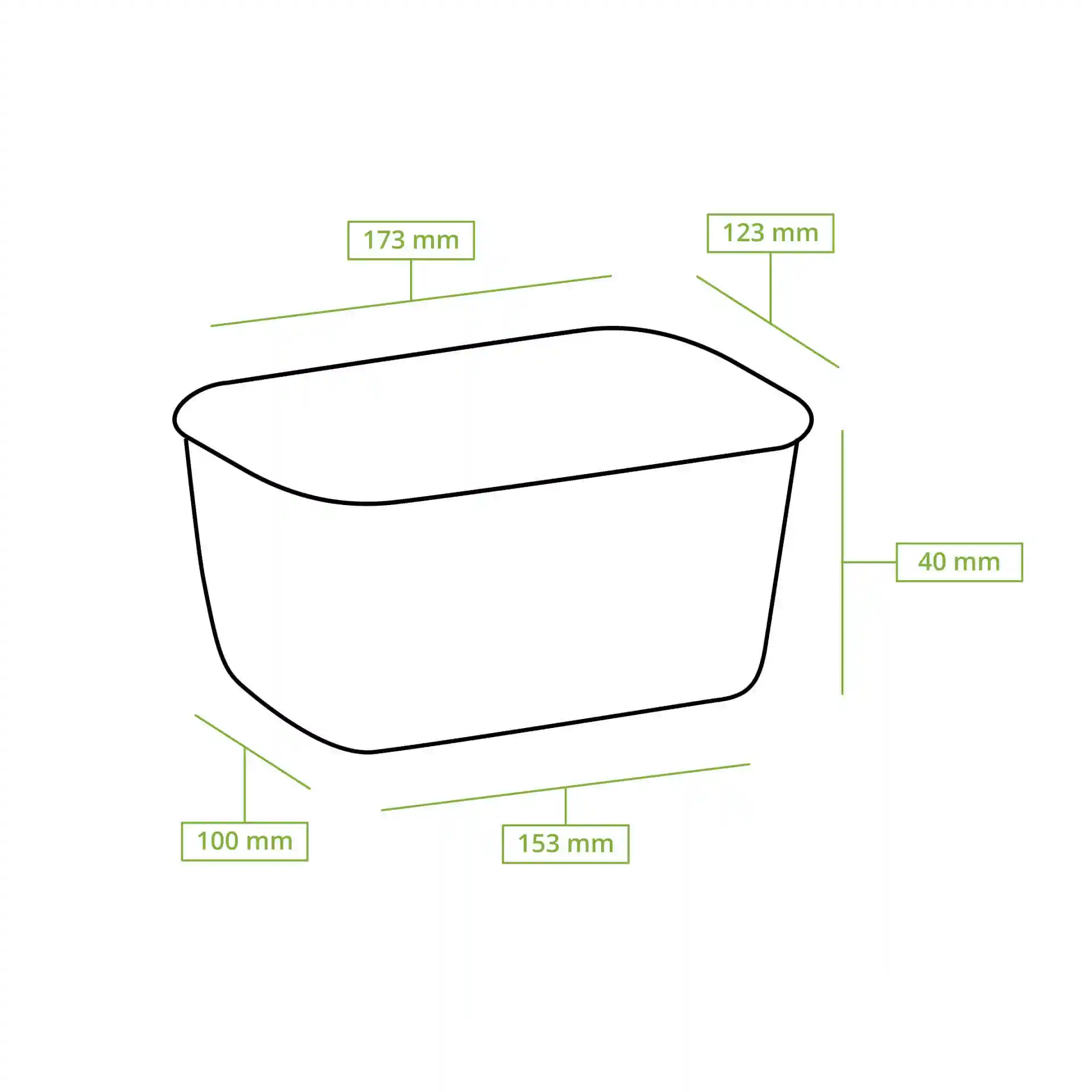 Schematic drawing of a rectangular food container with dimensions labeled: 173 mm length, 123 mm width, 40 mm height.