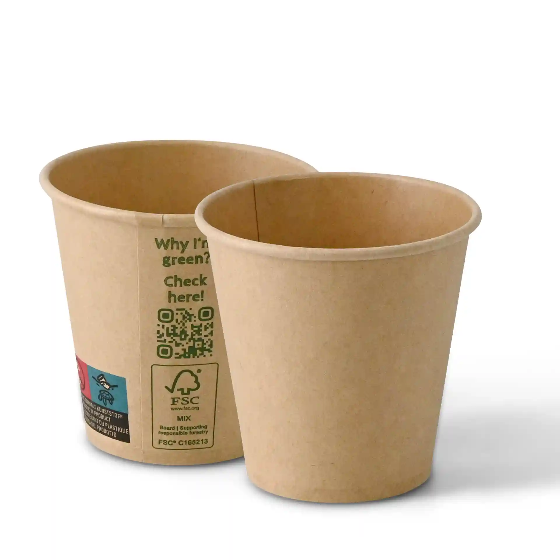 Braune Becher aus Papier mit einfacher Wand, 150 ml Fassungsvermögen und 80 mm Durchmesser, mit einem Etikett mit Markierungen.