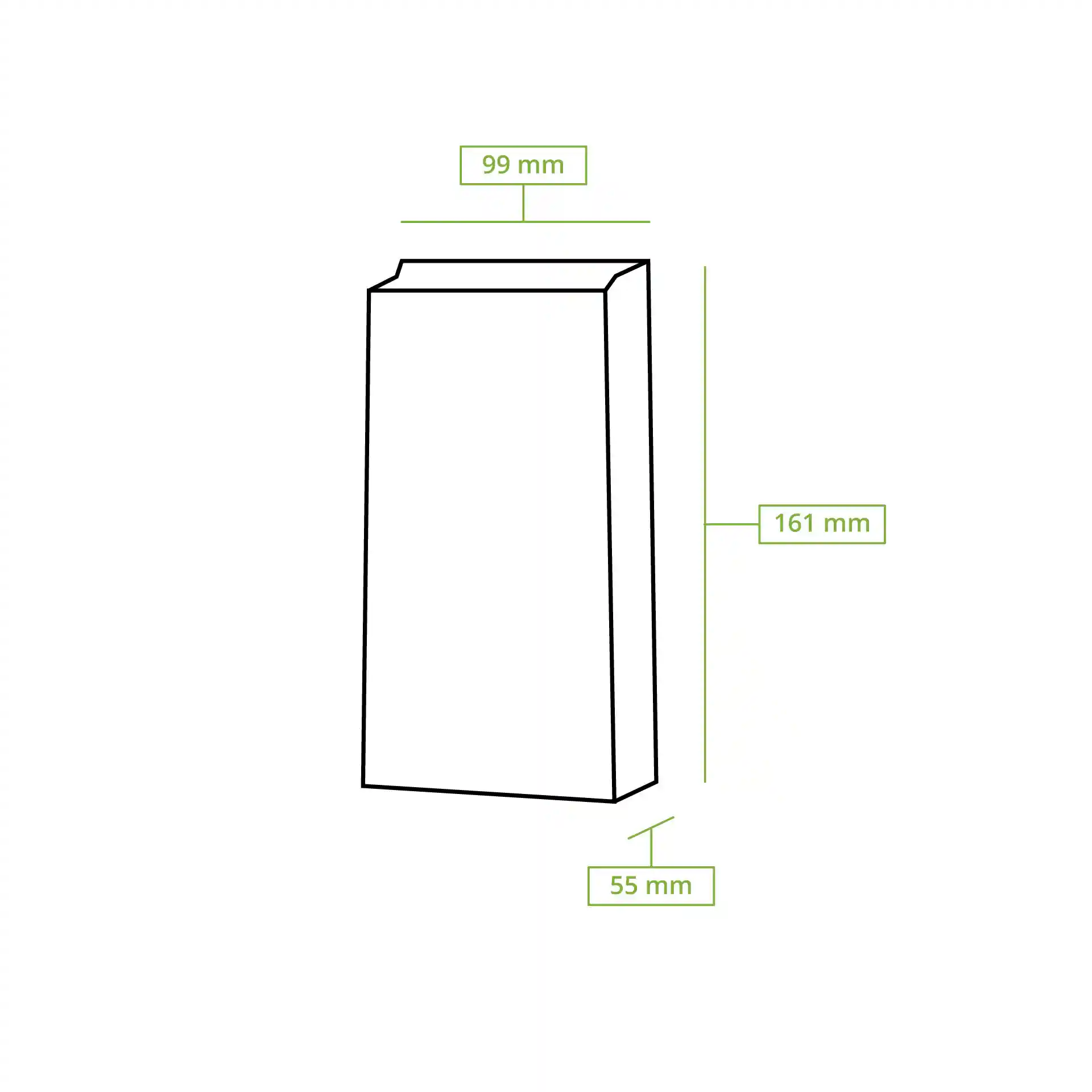 Schematische Zeichnung einer Blockbodenbeutels mit den Maßen 99 mm Länge, 55 mm Breite und 161 mm Höhe.
