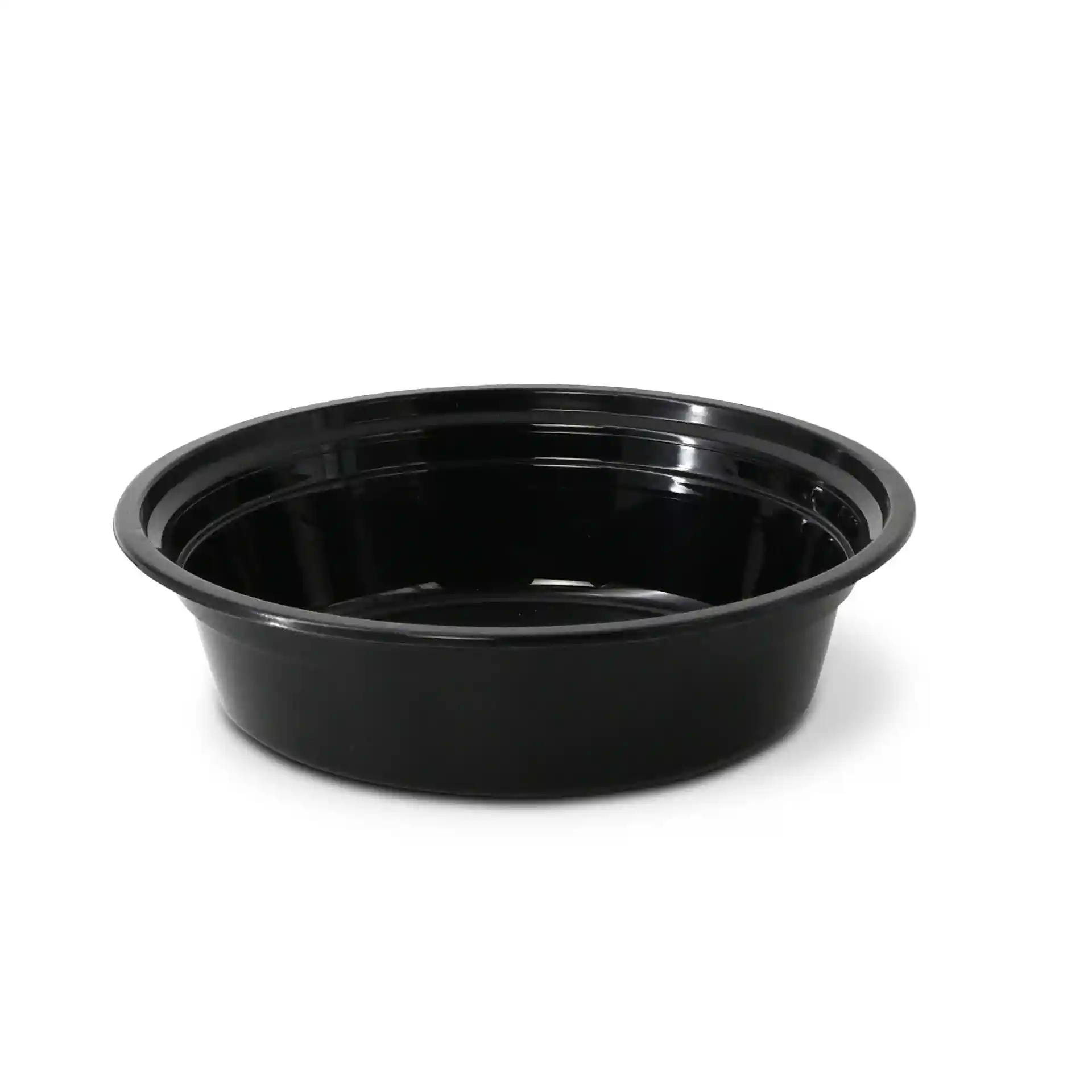 Schwarzer runder wiederverwendbarer Teller aus Polypropylen, 450 ml Fassungsvermögen, Durchmesser 158 mm, Höhe 42 mm.