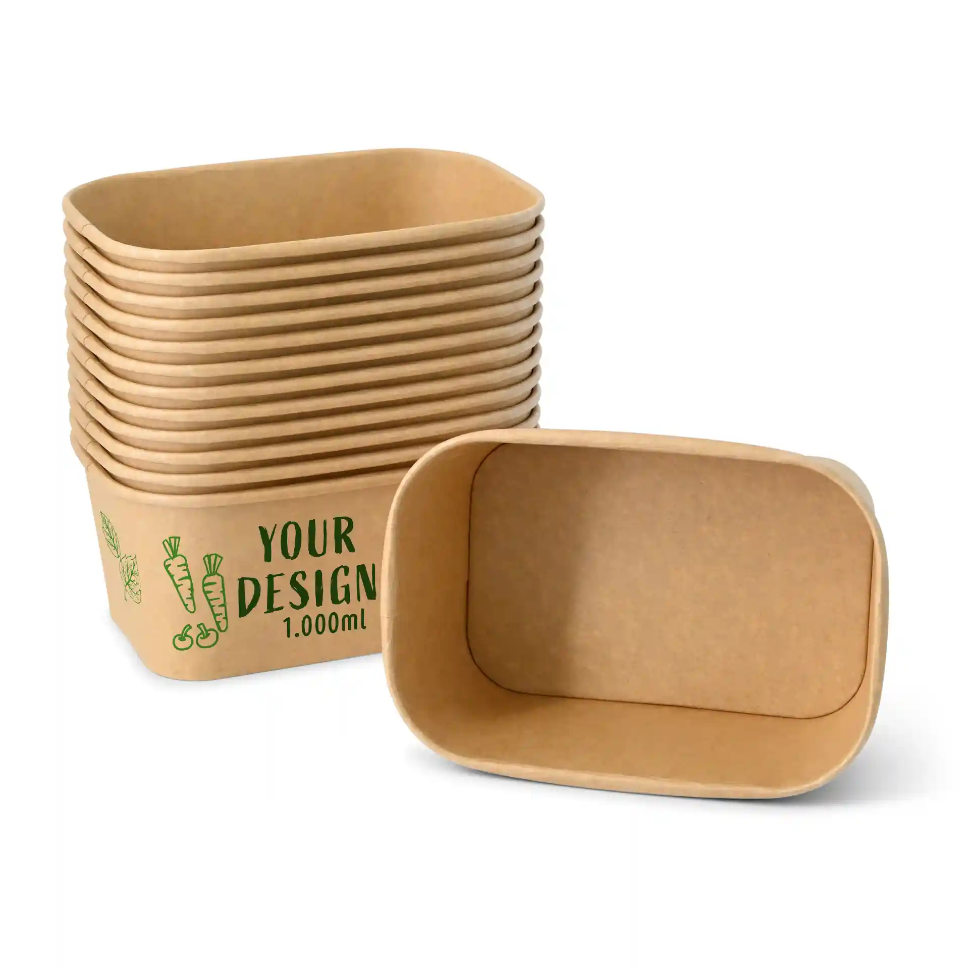 Rectangular brown salad bowl with a PLA coating, 1000 ml capacity, stacked with one bowl positioned upright.