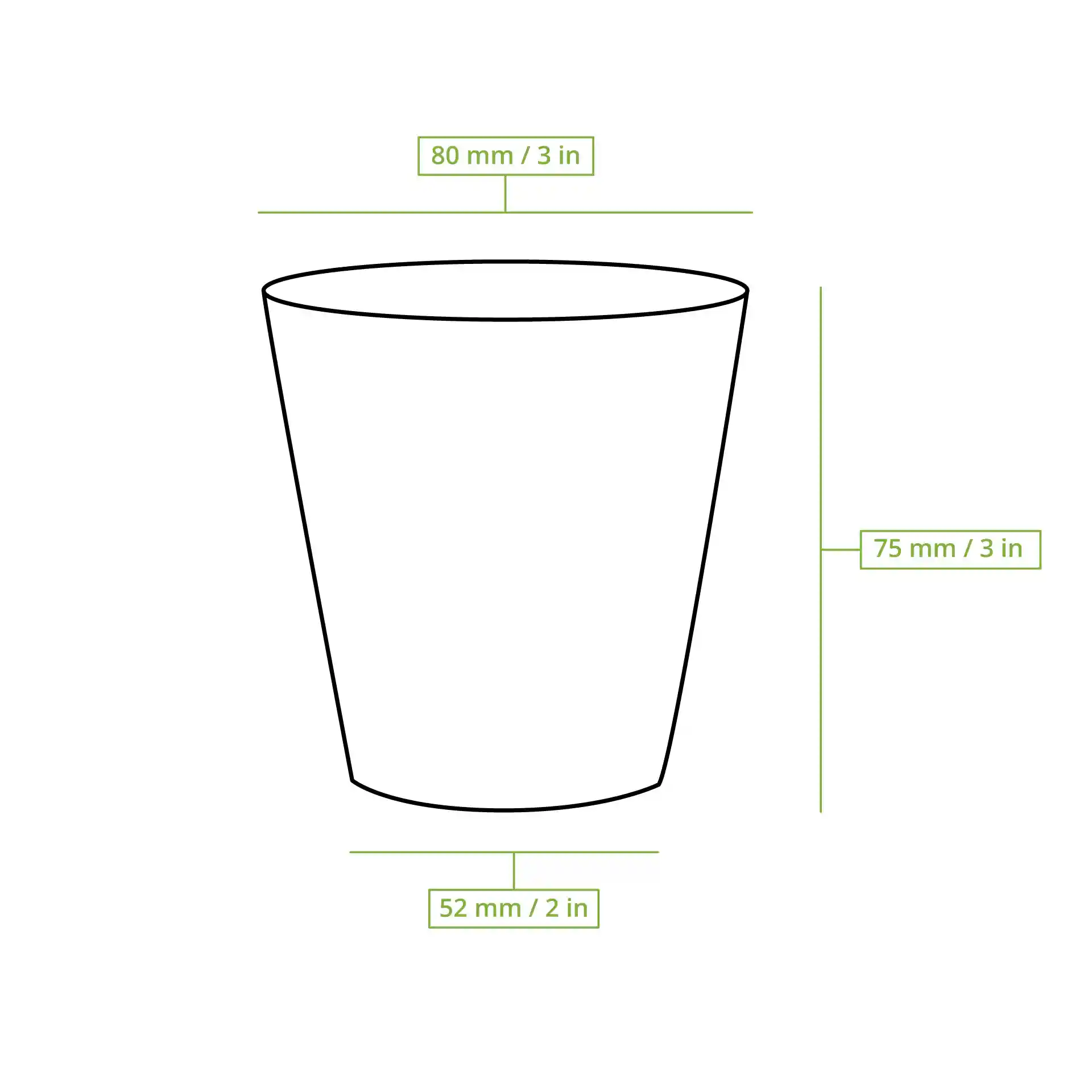 Schematic drawing of a cup with dimension lines indicating height and diameter measurements.