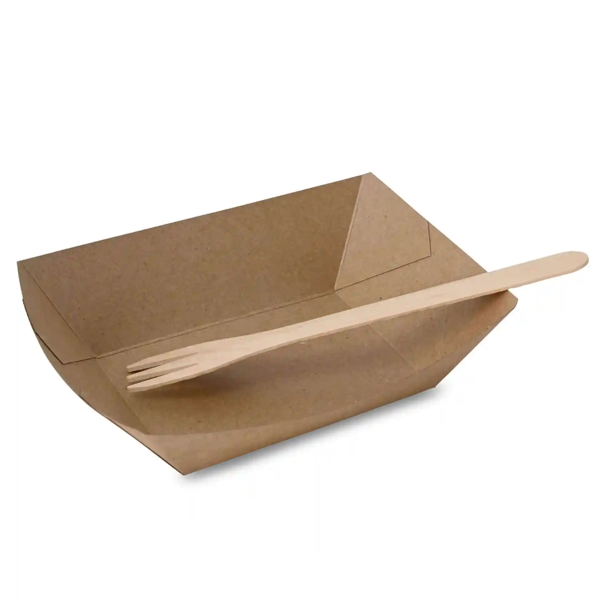 Brown rectangular cardboard food tray with a wooden fork placed inside.