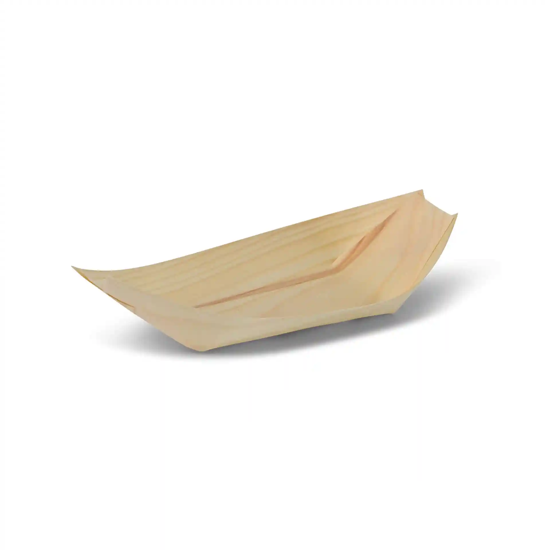 Wooden boat-shaped serving tray, 24.5 cm long, made of brown wood, with a smooth surface and no coating.