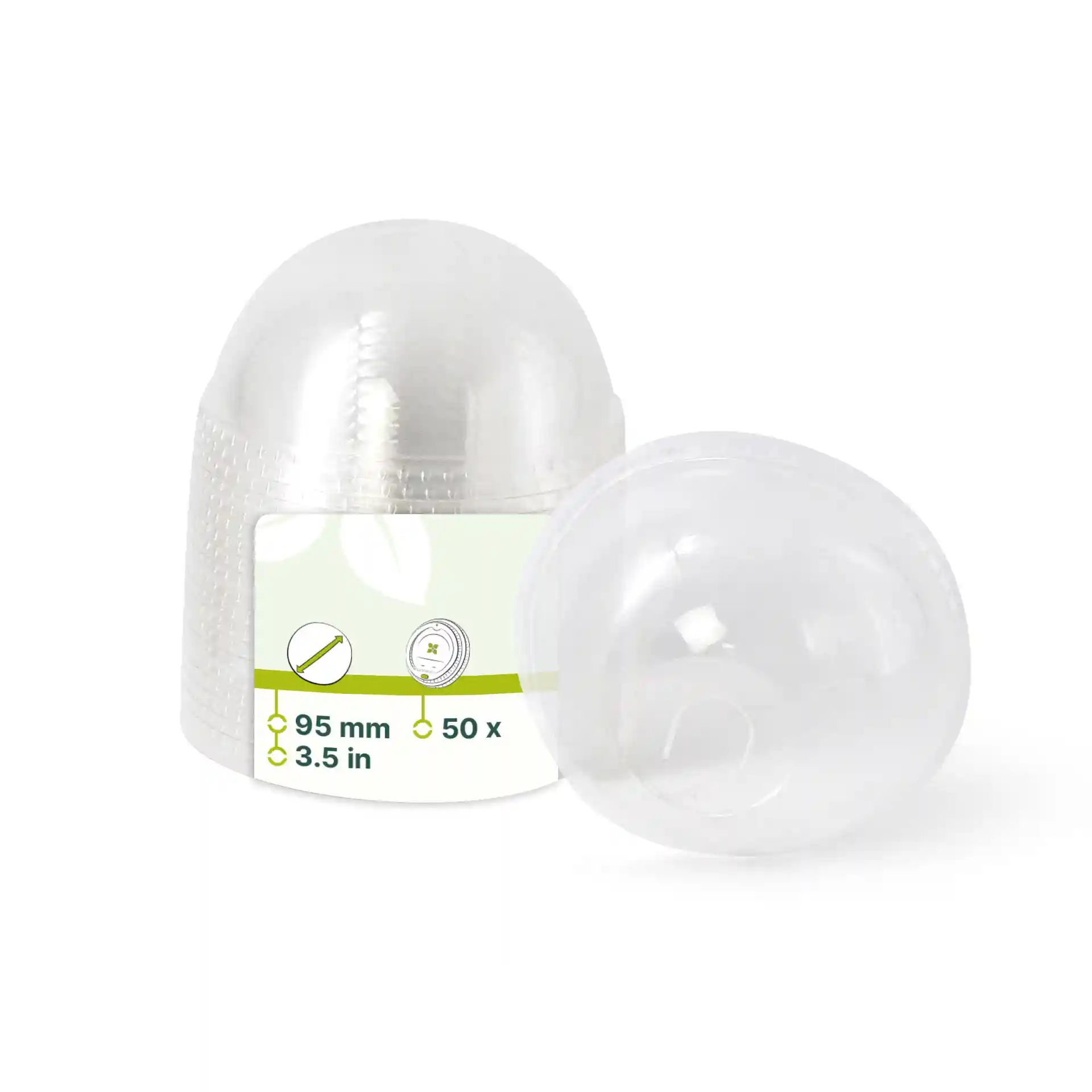 Clear PLA dome lid with a diameter of 95 mm, featuring a straw hole, shown with a label.