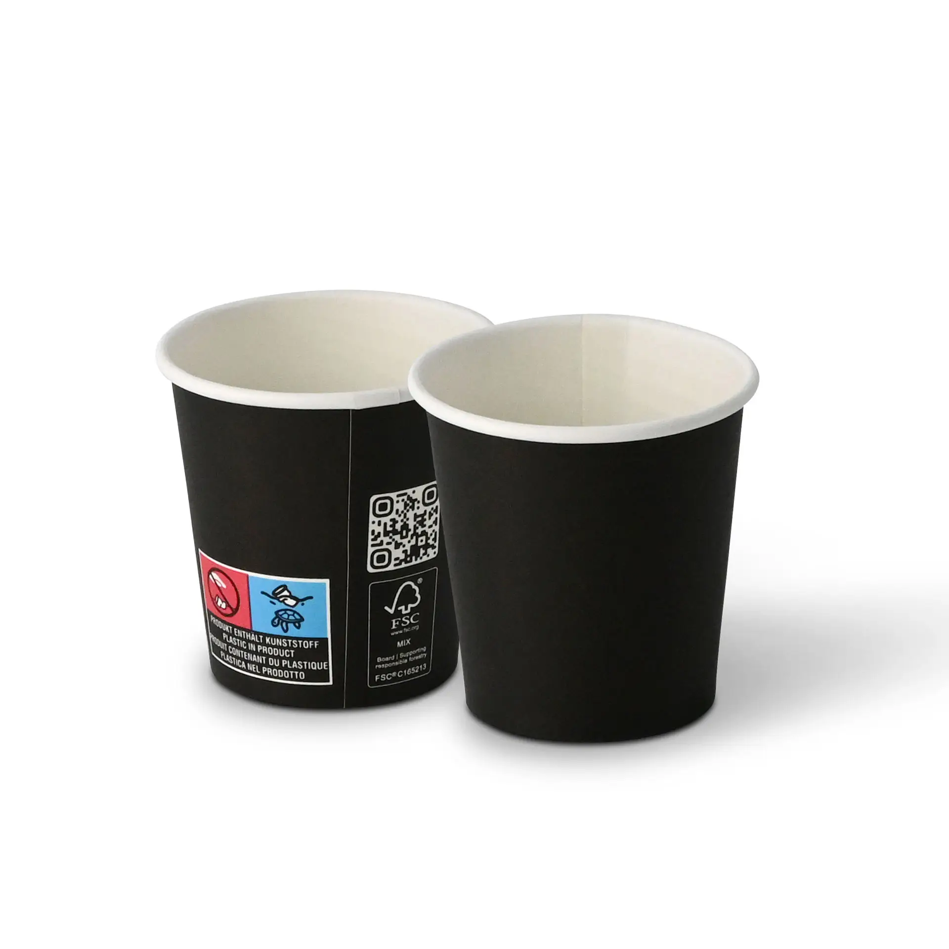 Single-wall black paper cup for hot and cold drinks, 100 ml, PLA-coated, biodegradable, and compostable.