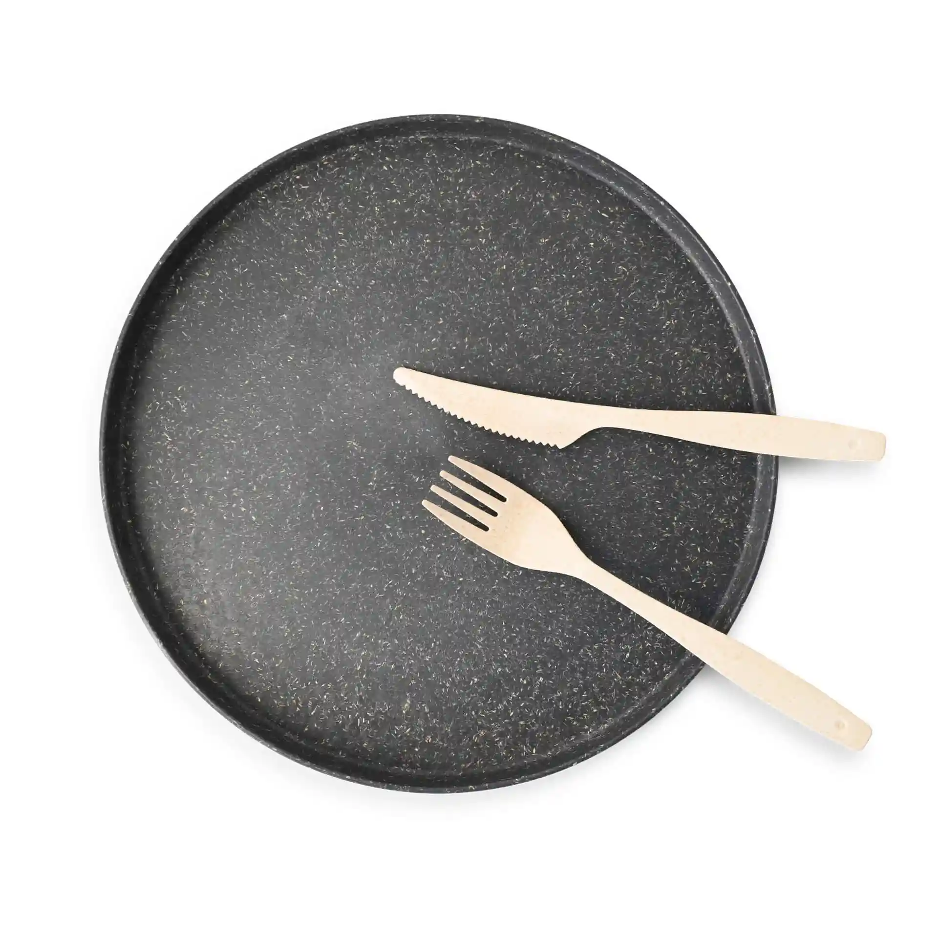 Round grey reusable plate with a diameter of 24 cm, accompanied by a wooden fork and knife.