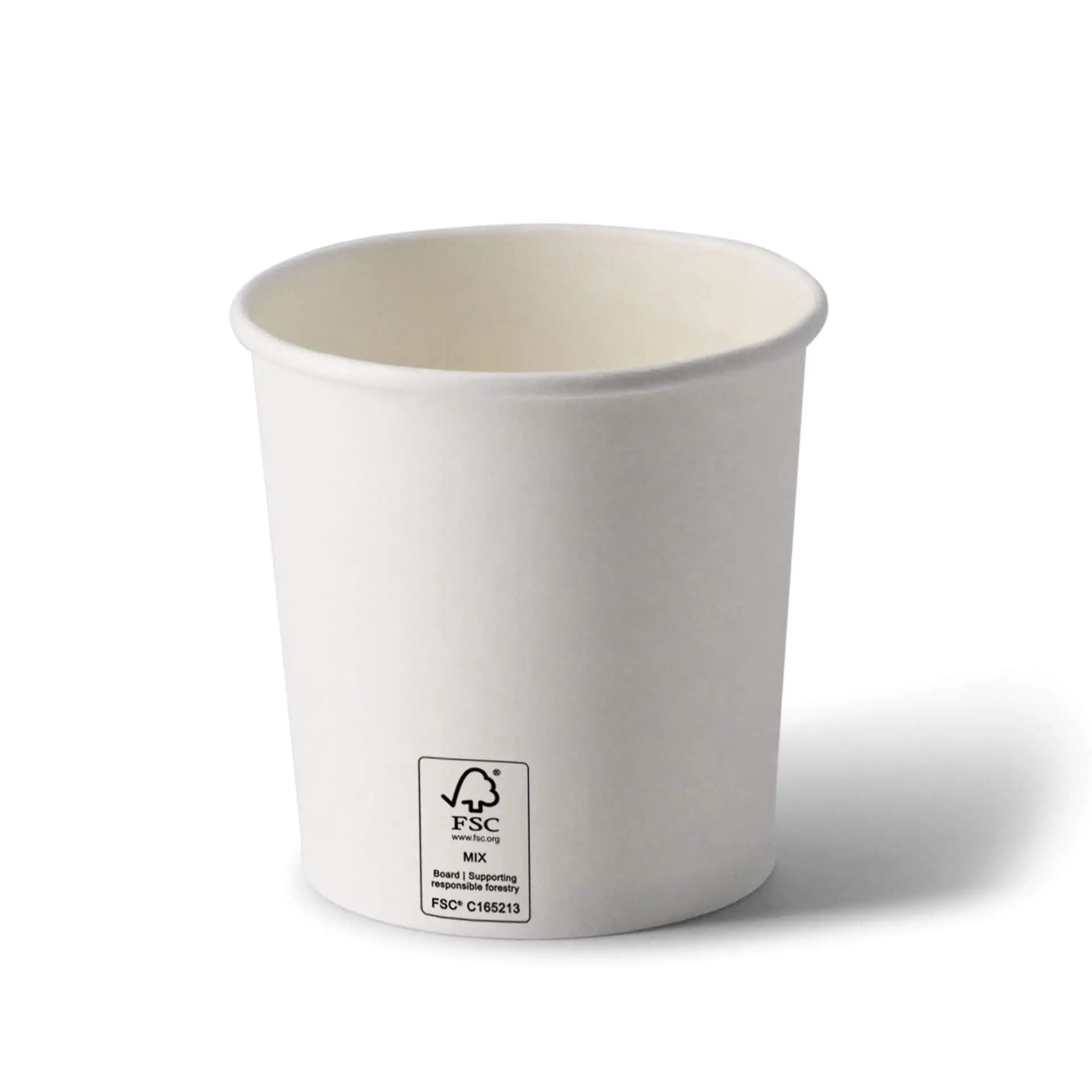 One white 12 oz cardboard soup cup with a PE coating; suitable for hot and cold dishes; features markings and an FSC label.