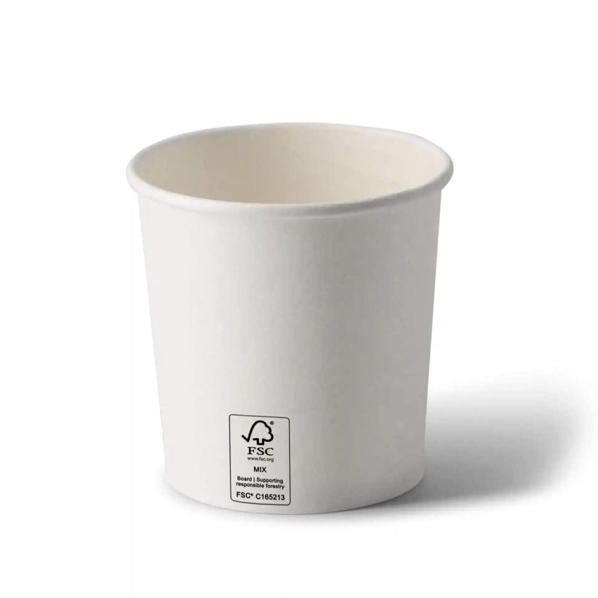 White paperboard soup container, 12 oz, round shape, with a coating, showing a label on the bottom.