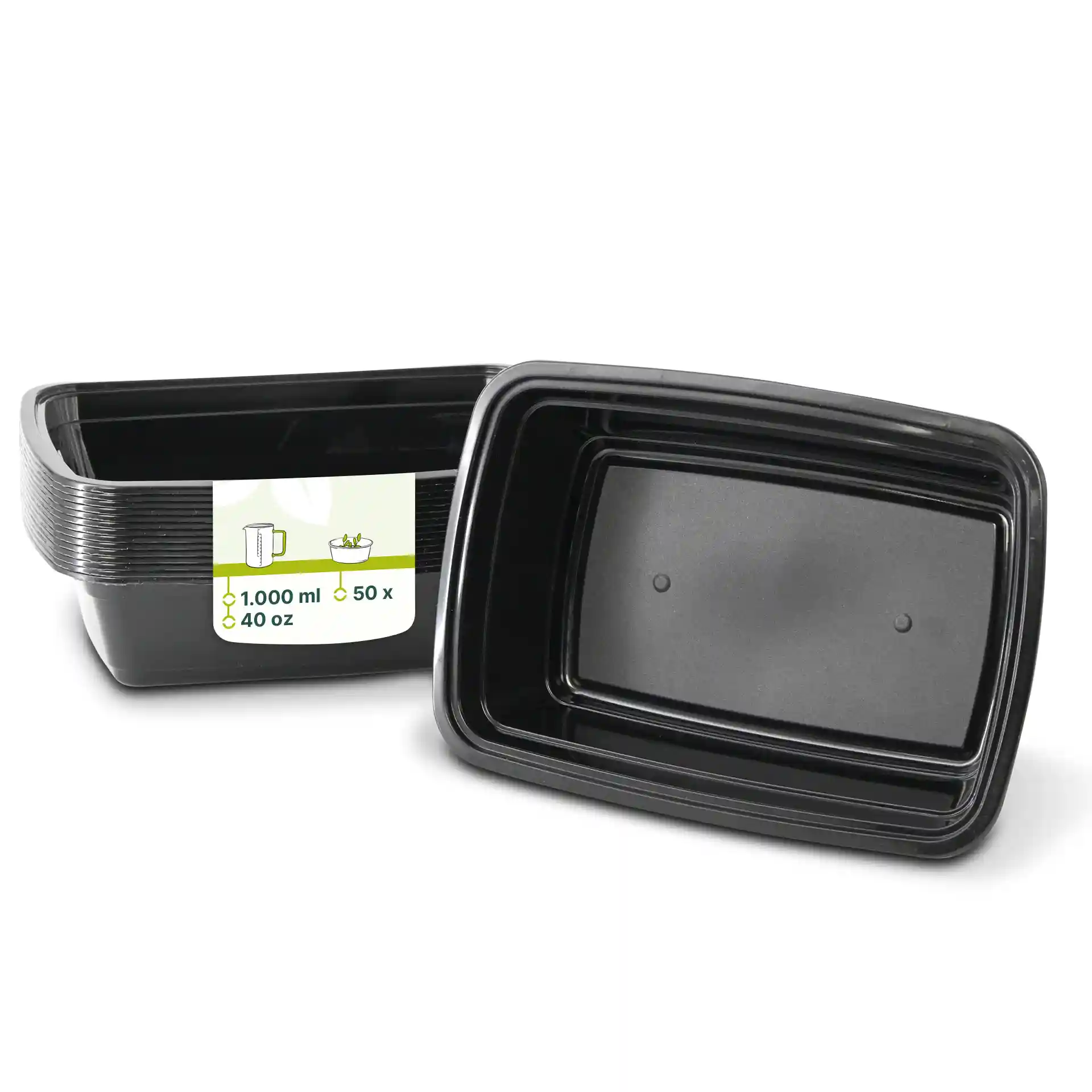 Black rectangular reusable container with a capacity of 1000 ml, shown with a label and another container beside it.