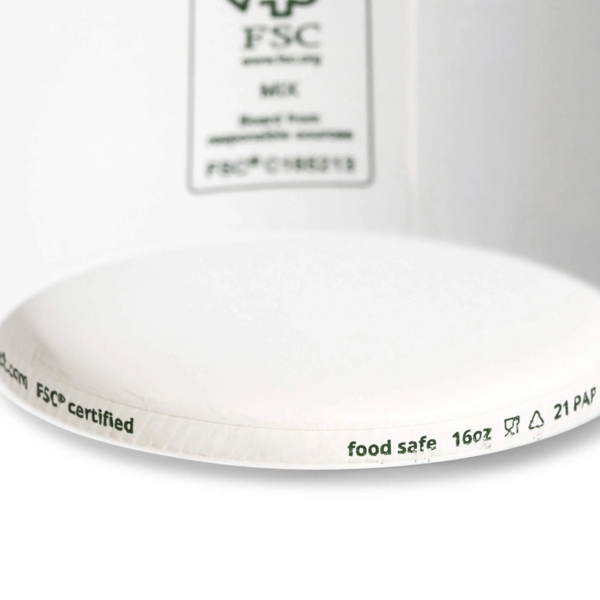 One white paper ice cream cup with a 16 oz capacity; edge shows markings for FSC certification and biodegradability.