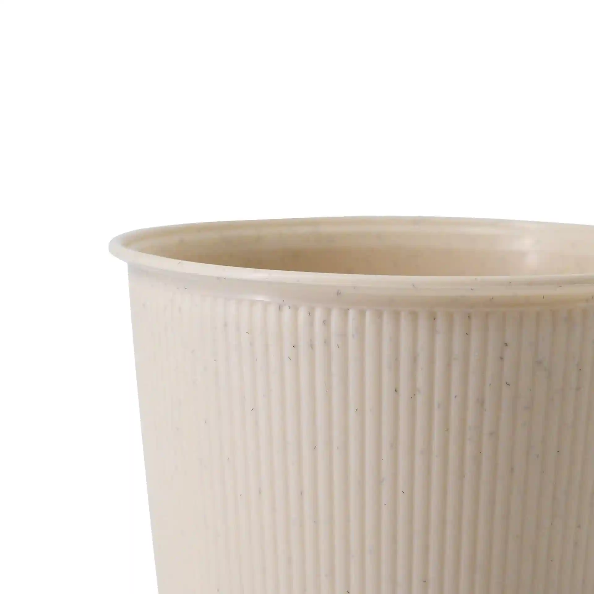 Cream white reusable coffee cup with ribbed texture, made of PP, shown from the side.