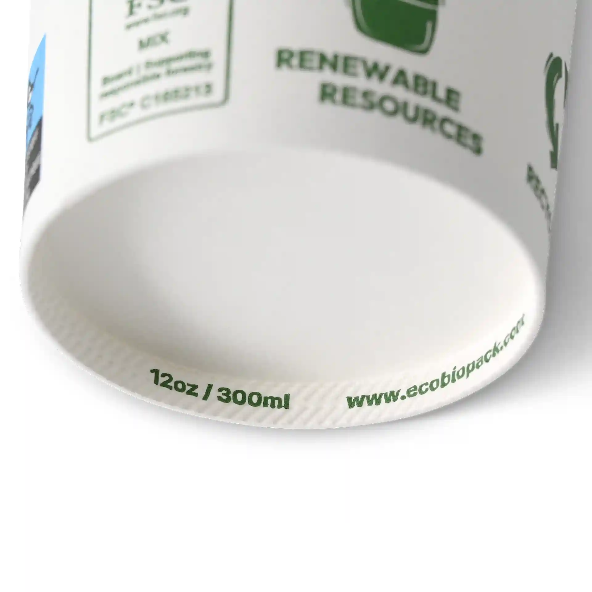 White paper cup with a diameter of 90 mm, showing markings for 12 oz / 300 ml and a website link on the bottom.