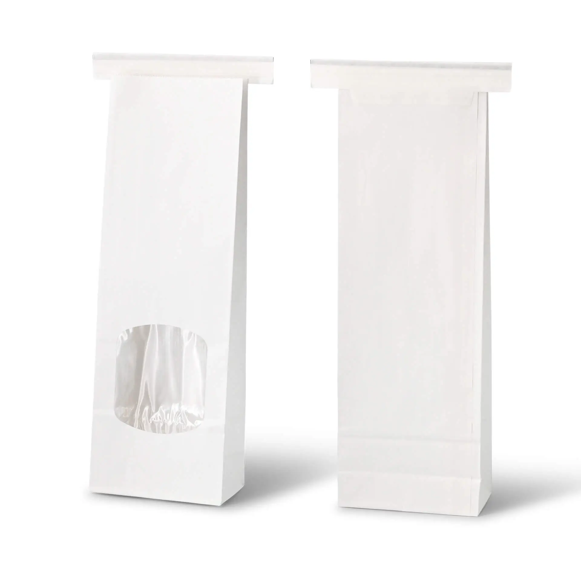 Blockbeutel m. Fenster S, 9 x 4,5 x 26 cm, PP-Folie, weiß, Clipband, Kraftpapier
