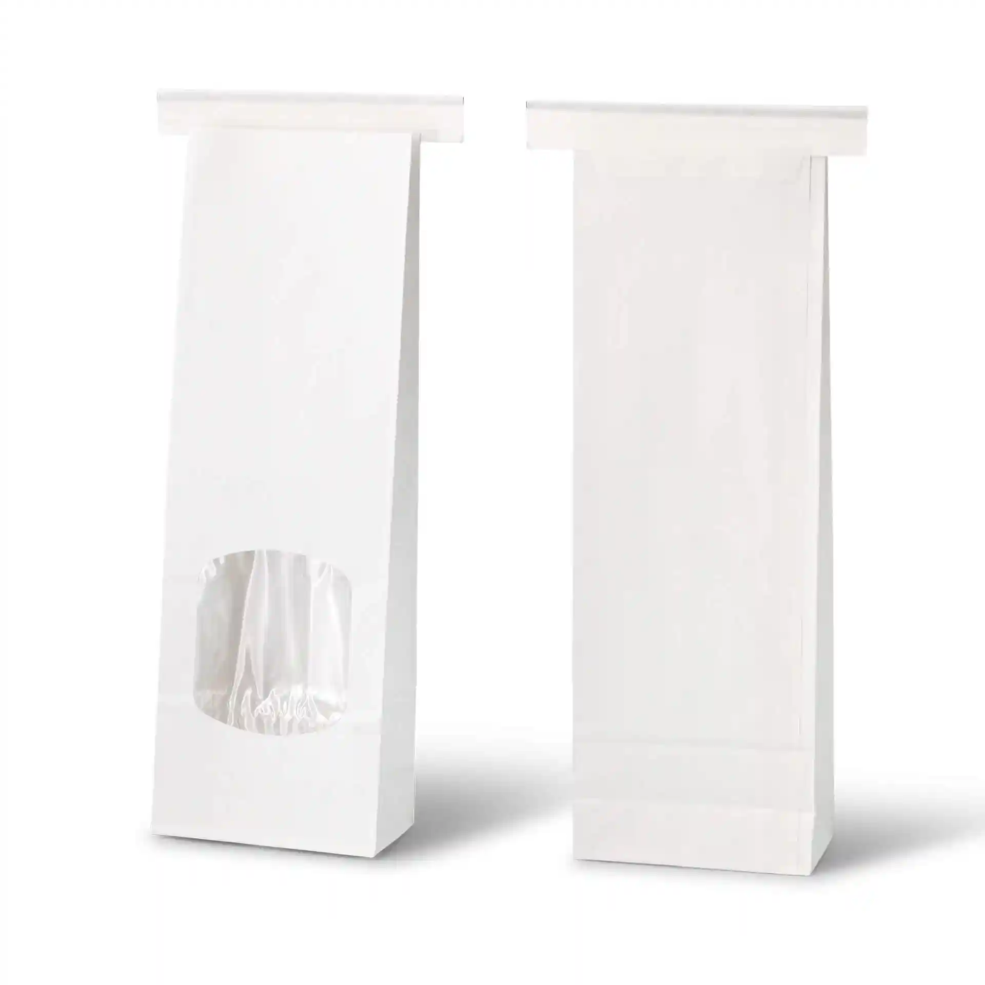 White block bottom bag with a viewing window, dimensions 9 x 4.5 x 26 cm, made of kraft paper with a tin tie.