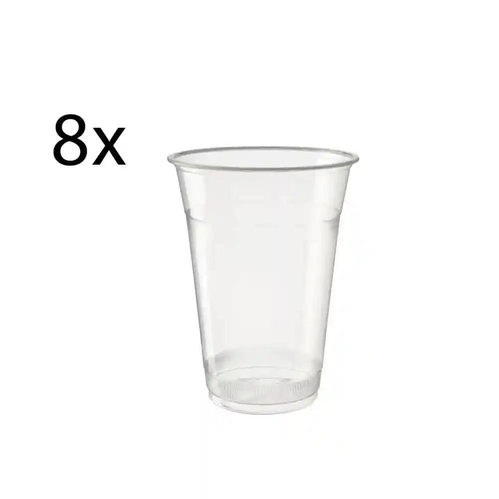 Klarer Plastikbecher mit konischem Design, neben dem die Zahl 8 gezeigt wird.