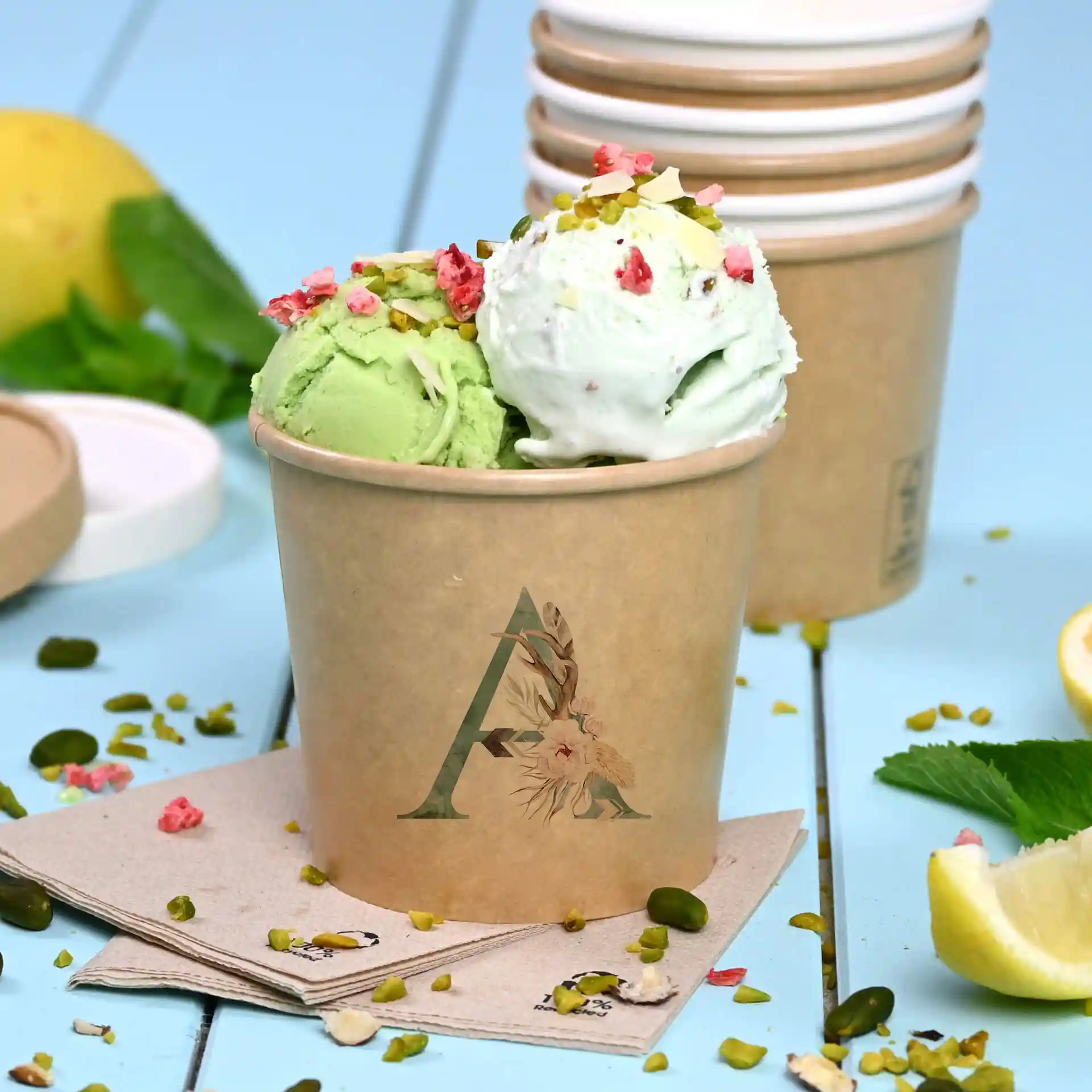 Brauner Pappbecher mit grünem und weißem Eis, garniert mit Nüssen und pinken Stücken, auf einer blauen Oberfläche.