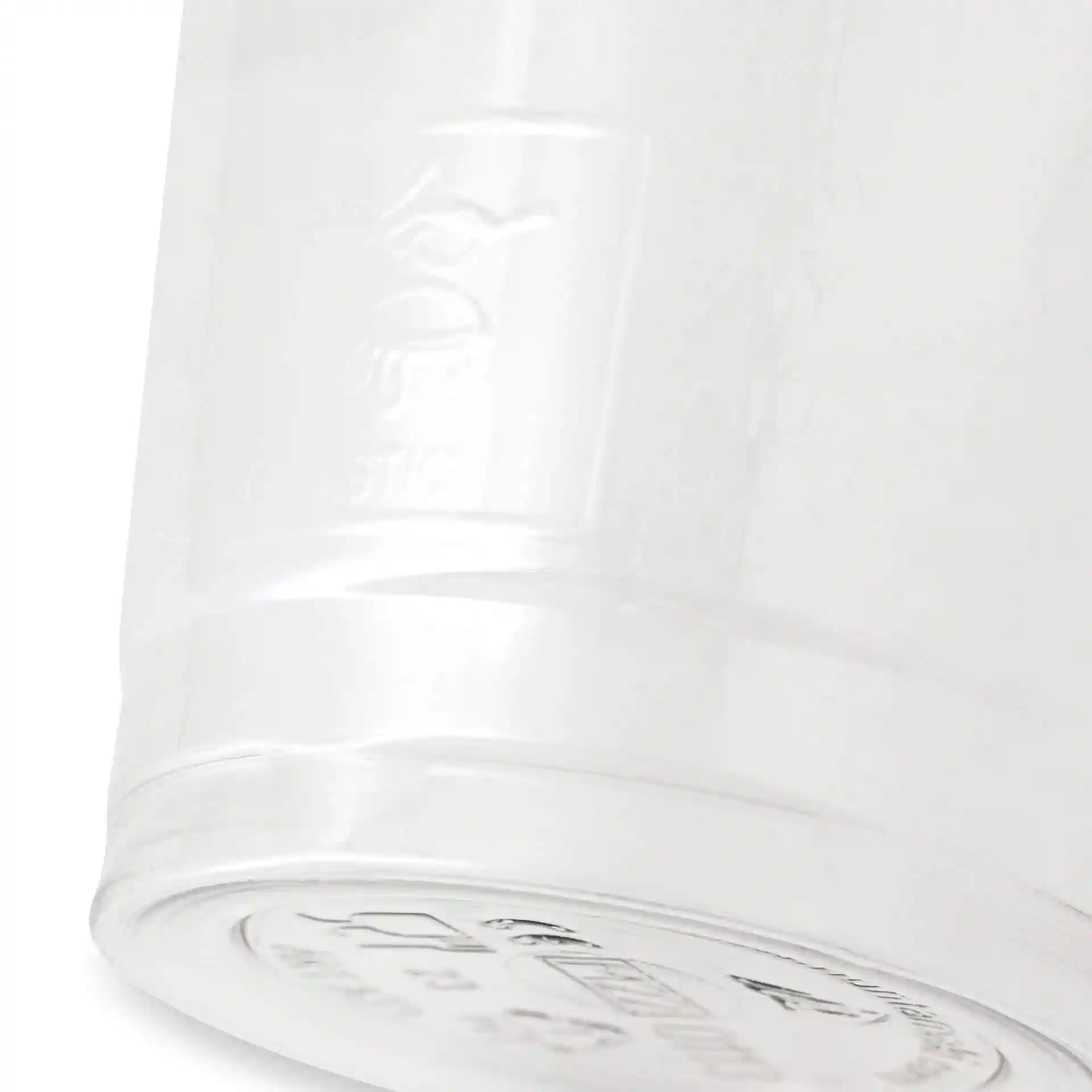 Transparenter 12 oz rPET Becher mit einem Durchmesser von 95 mm und einer Höhe von 107 mm, Ansicht von unten.