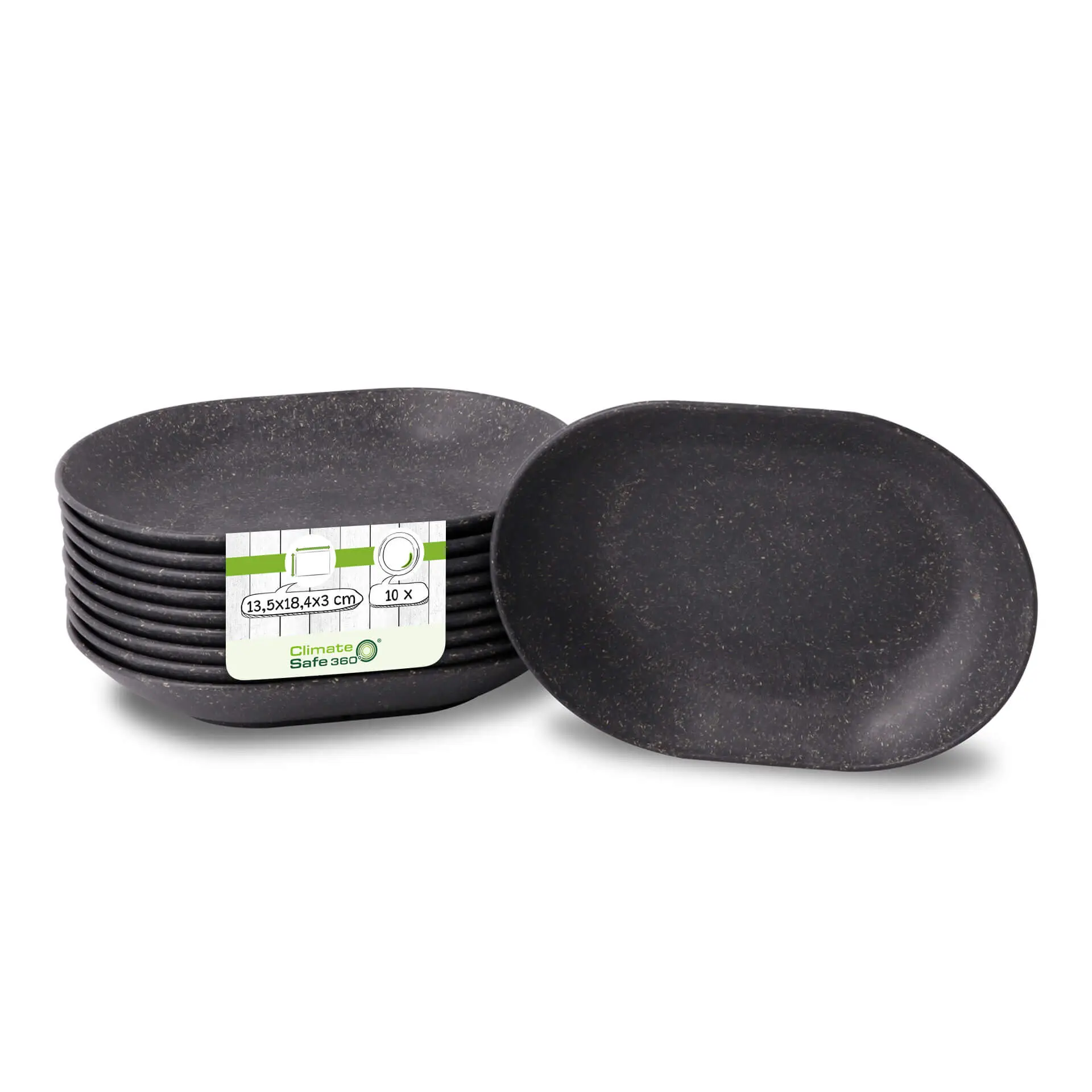 Mehrweg Snackschalen "merways Plate" 13,5 x 18,4 x 3 cm, oval, Pfeffer / grau Mehrweg Snackschalen "merways Plate" 13,5 x 18,4 x 3 cm, oval, Pfeffer / grau